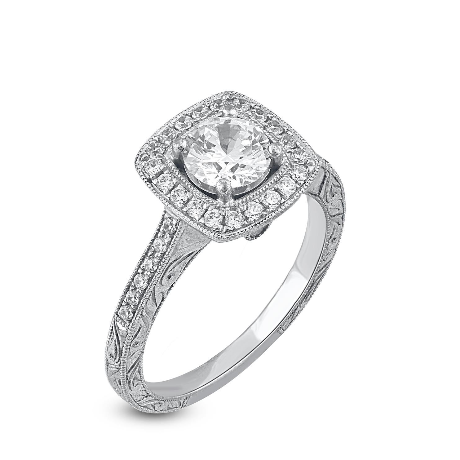 Contemporary TJD 1.10 Carat Brilliant Cut Diamond 14 Karat White Gold Halo Engagement Ring For Sale