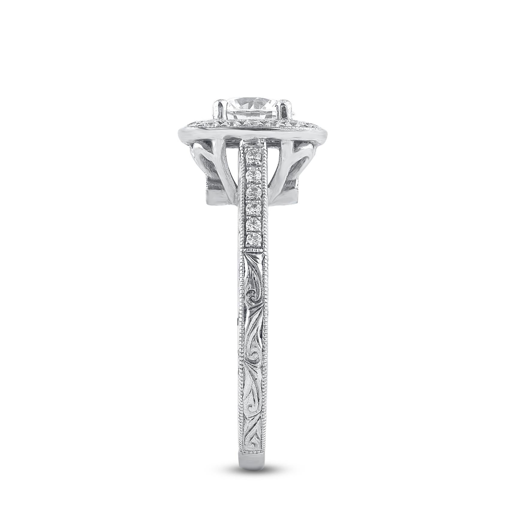 TJD 1.10 Carat Brilliant Cut Diamond 14 Karat White Gold Halo Engagement Ring In New Condition For Sale In New York, NY