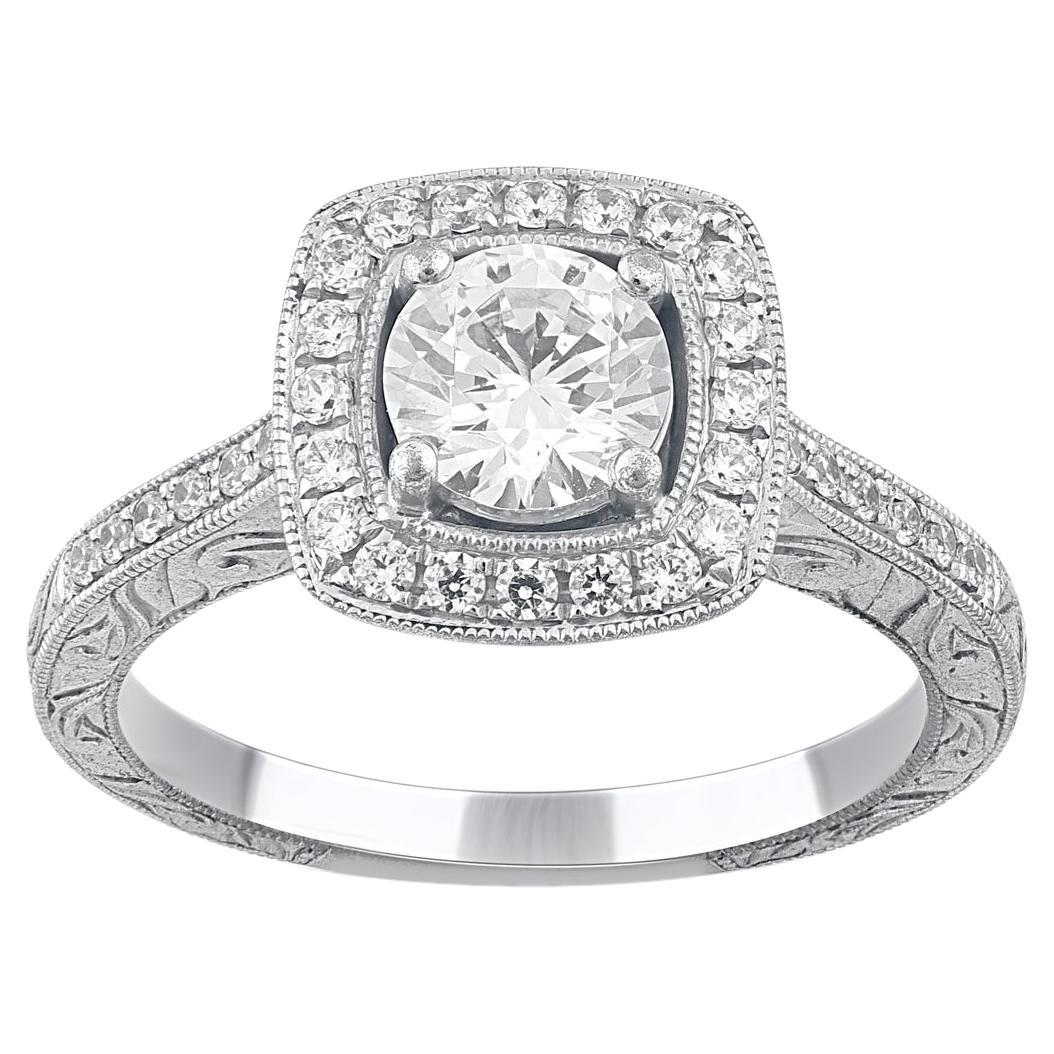 TJD 1.10 Carat Brilliant Cut Diamond 14 Karat White Gold Halo Engagement Ring For Sale