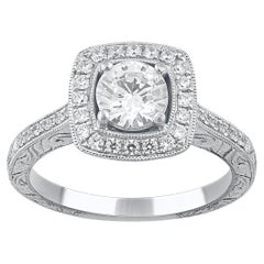 TJD 1.10 Carat Brilliante Cut Diamond 14 Karat White Gold Halo Engagement Ring