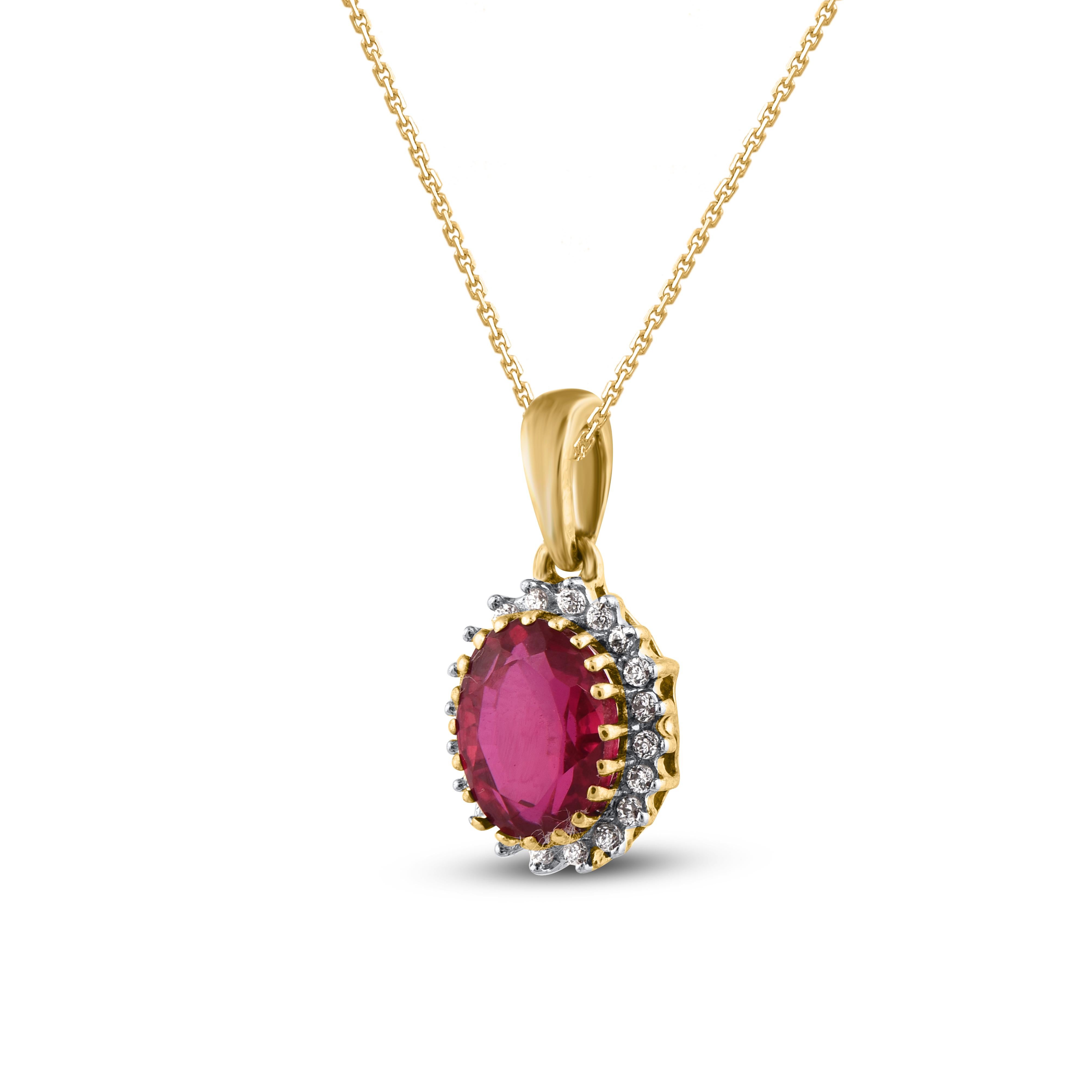 Contemporary TJD 1.10 Carat Diamond and Oval Ruby 14 Karat Yellow Gold Halo Pendant Necklace For Sale
