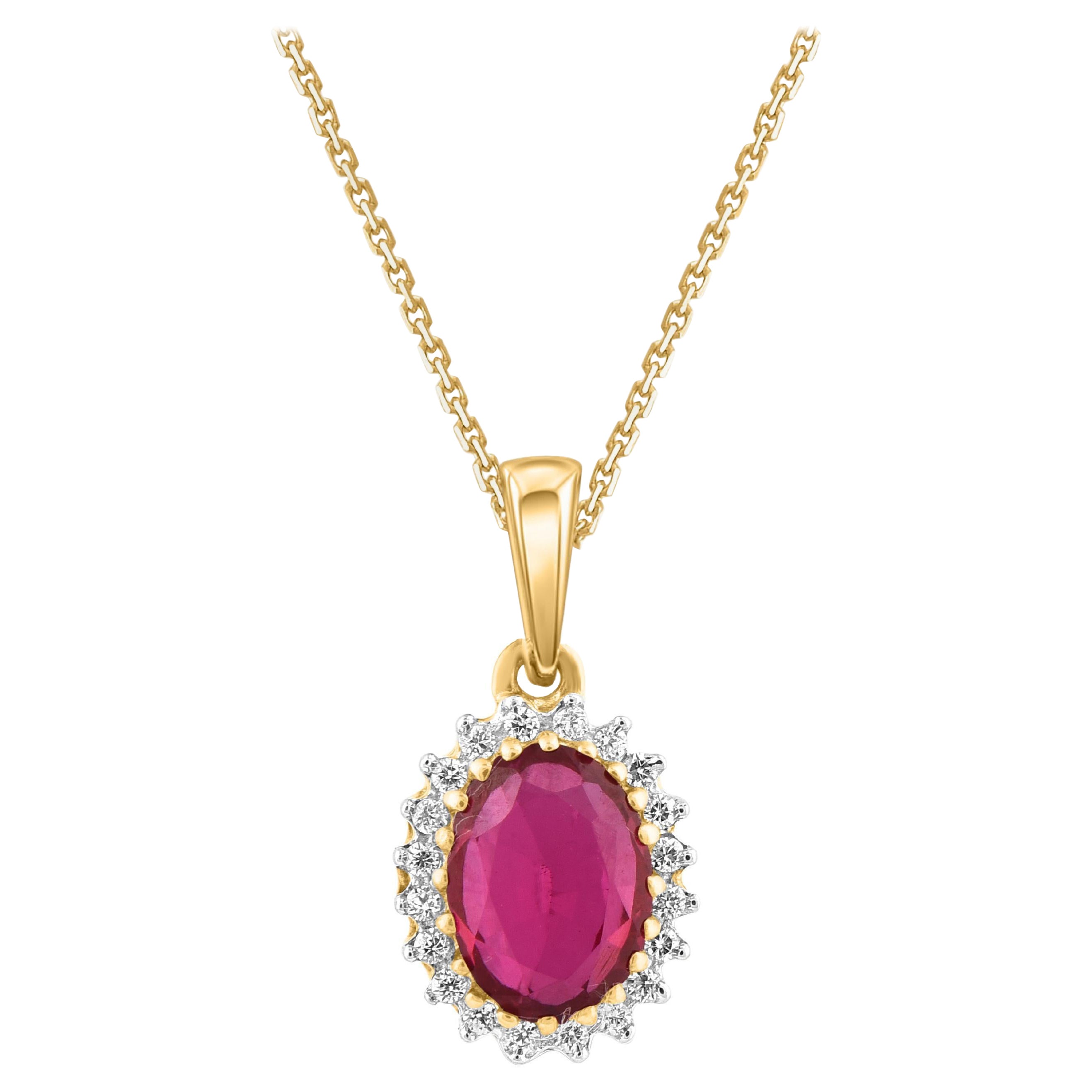 TJD 1,10 Karat Diamant und ovaler Rubin 14 Karat Gelbgold Halo-Anhänger Halskette