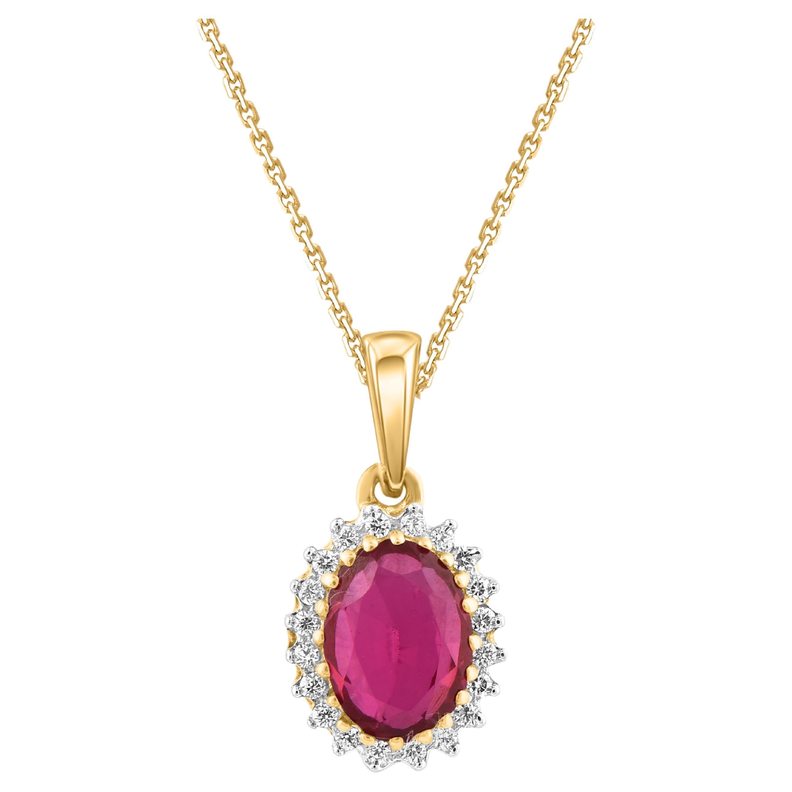 TJD 1.10 Carat Diamond and Oval Ruby 14 Karat Yellow Gold Halo Pendant Necklace For Sale