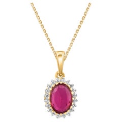 Collier pendentif halo en or jaune 14 carats avec diamants de 1,10 carat et rubis ovale TJD