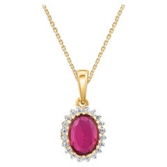 TJD 1.10 Carat Diamond and Oval Ruby 14 Karat Yellow Gold Halo Pendant Necklace