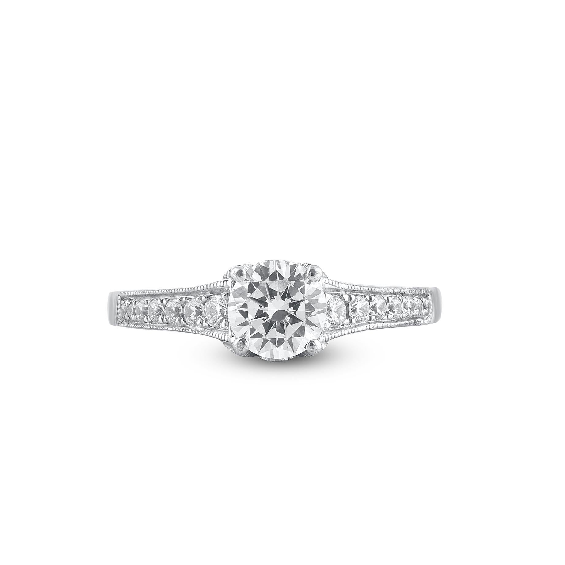Win her heart with this classic and elegant diamond wedding ring. These diamond ring are studded with 29 single cut and brilliant cut round diamonds in prong and bezel setting and crafted in 14kt white gold. The white diamonds are graded as H-I