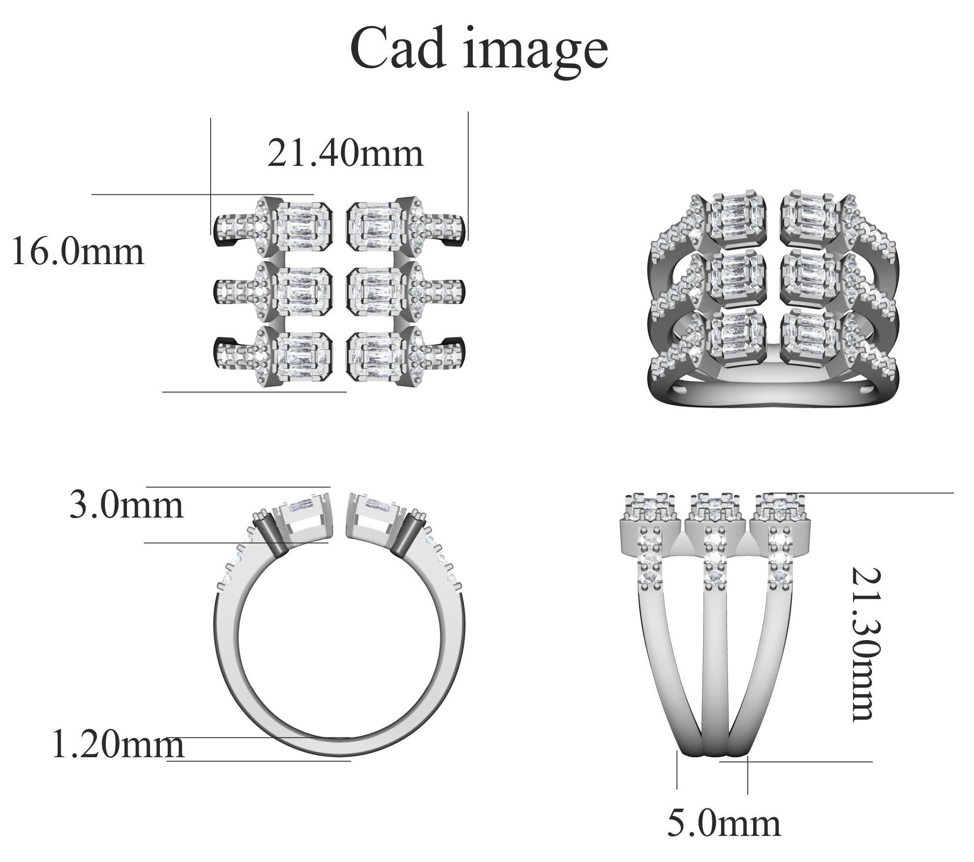 Bring charm to your look with this diamond ring. The ring is crafted from 14-karat white gold and features Round Brilliant 60 and Baguette - 30 white diamonds, Prong set, H-I color I2 clarity and a high polish finish complete the Brilliant 