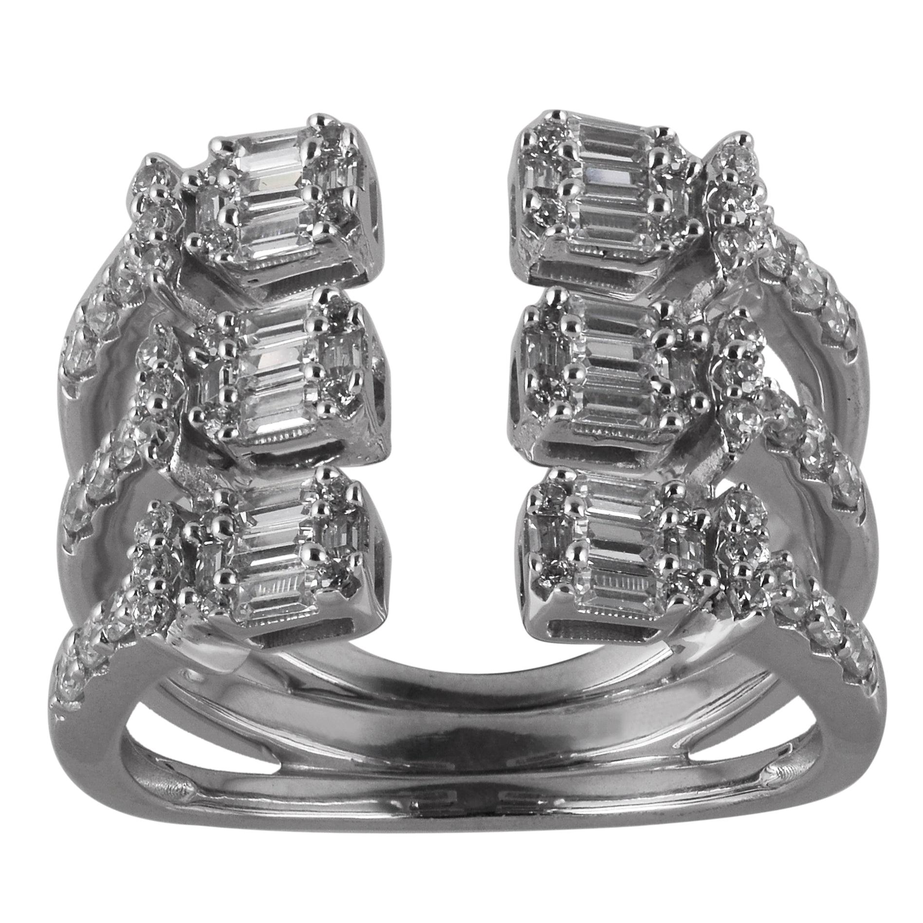 TJD 1.10 Carat Round
Baguette Diamond 14K White Gold Triple Stacked Band Ring
