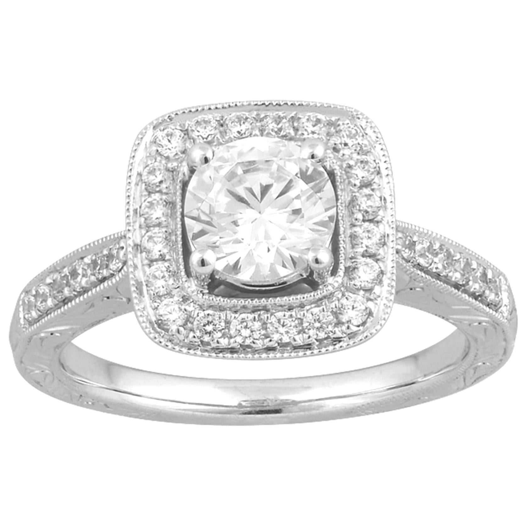 TJD 1.10 Carat Round Diamond 18 Karat White Gold Square Halo Engagement Ring For Sale