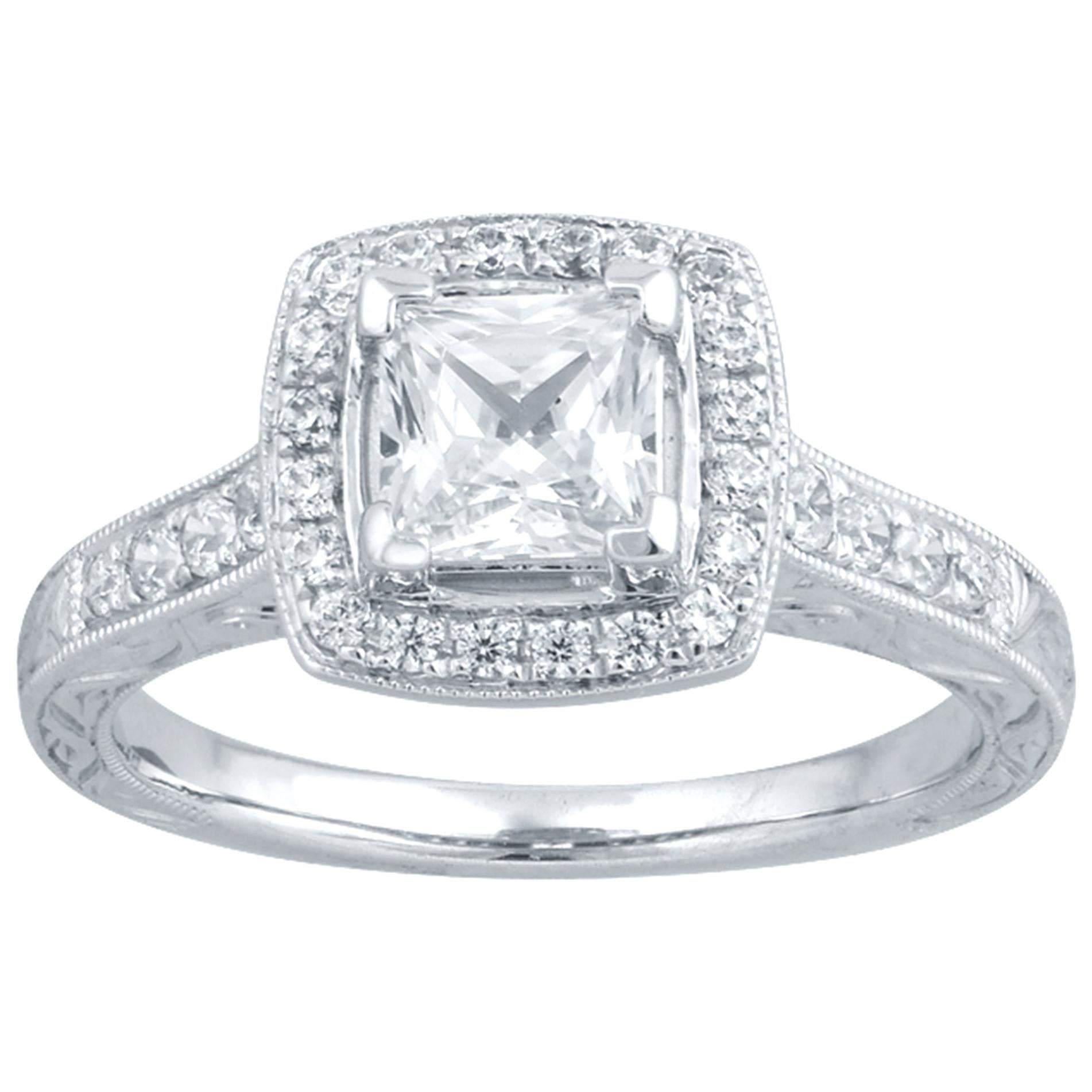 TJD 1.10Carat Round & Princess Cut Diamond 18K White Gold Square Engagement Ring For Sale