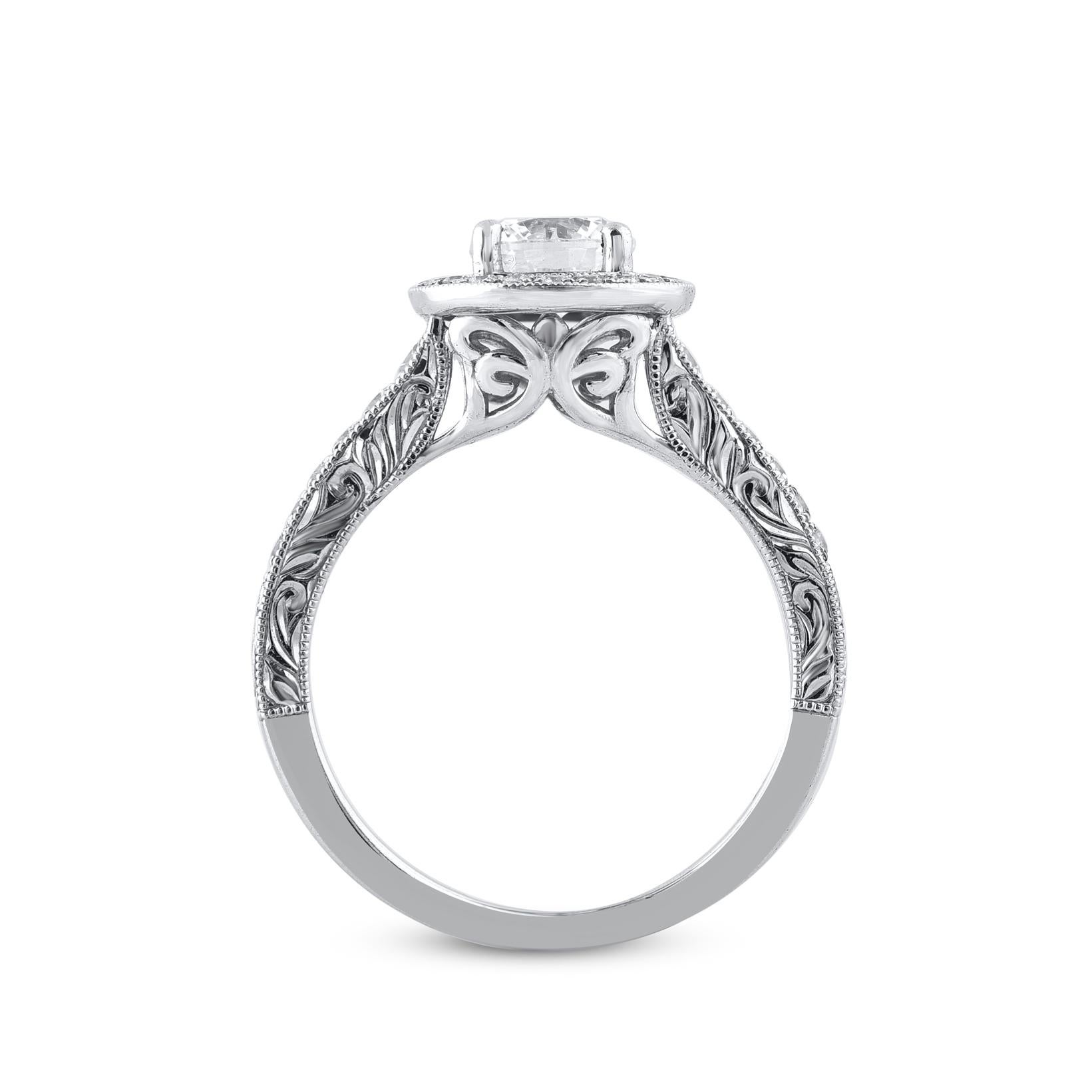 Round Cut TJD 1.10 Carat Round Natural Diamond 18 Karat White Gold Engagement Bridal Ring For Sale