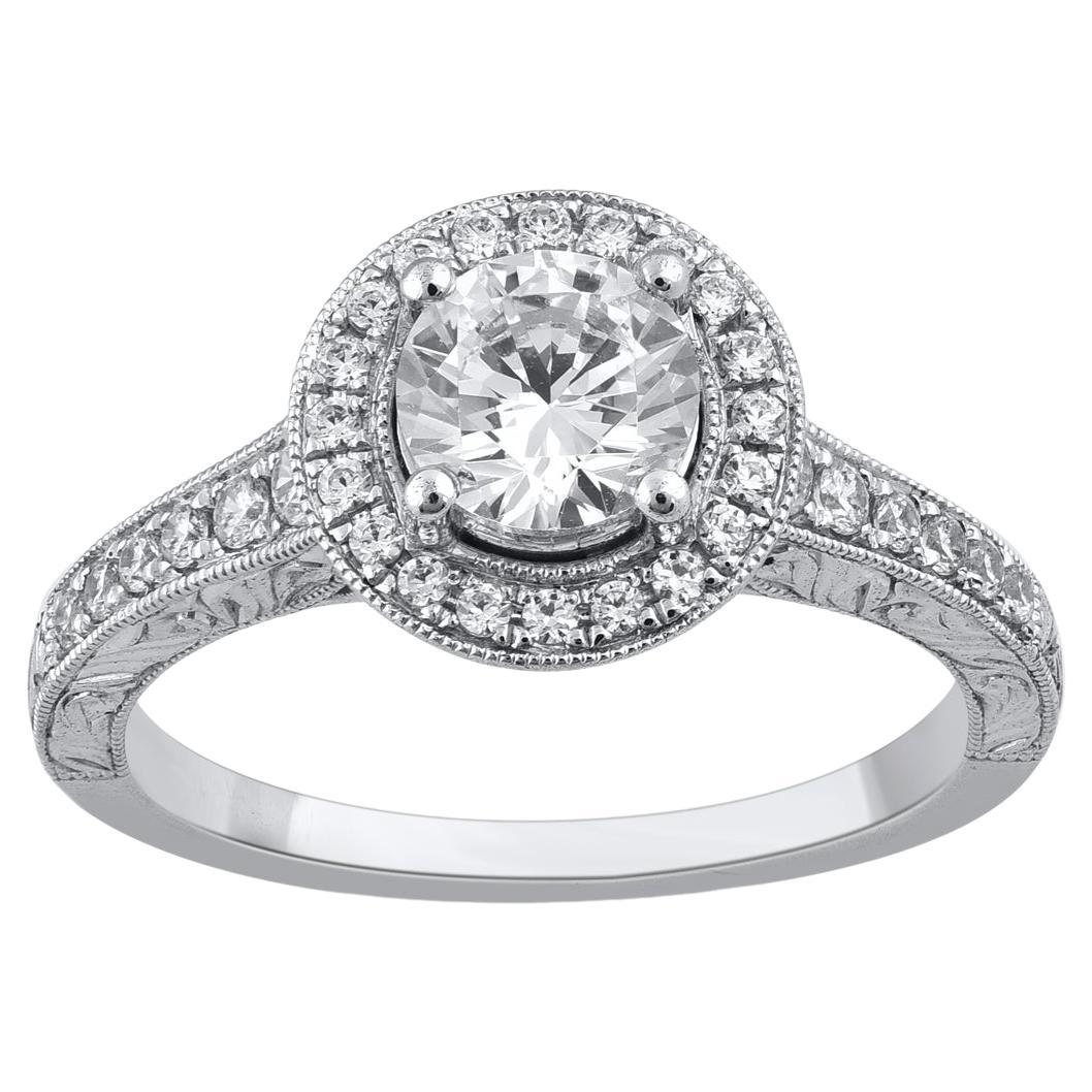 TJD 1.10 Carat Round Natural Diamond 18 Karat White Gold Engagement Bridal Ring