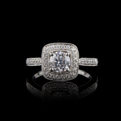TJD 1.10 Carat Round Diamond 18 Karat White Gold Square Halo Engagement Ring
