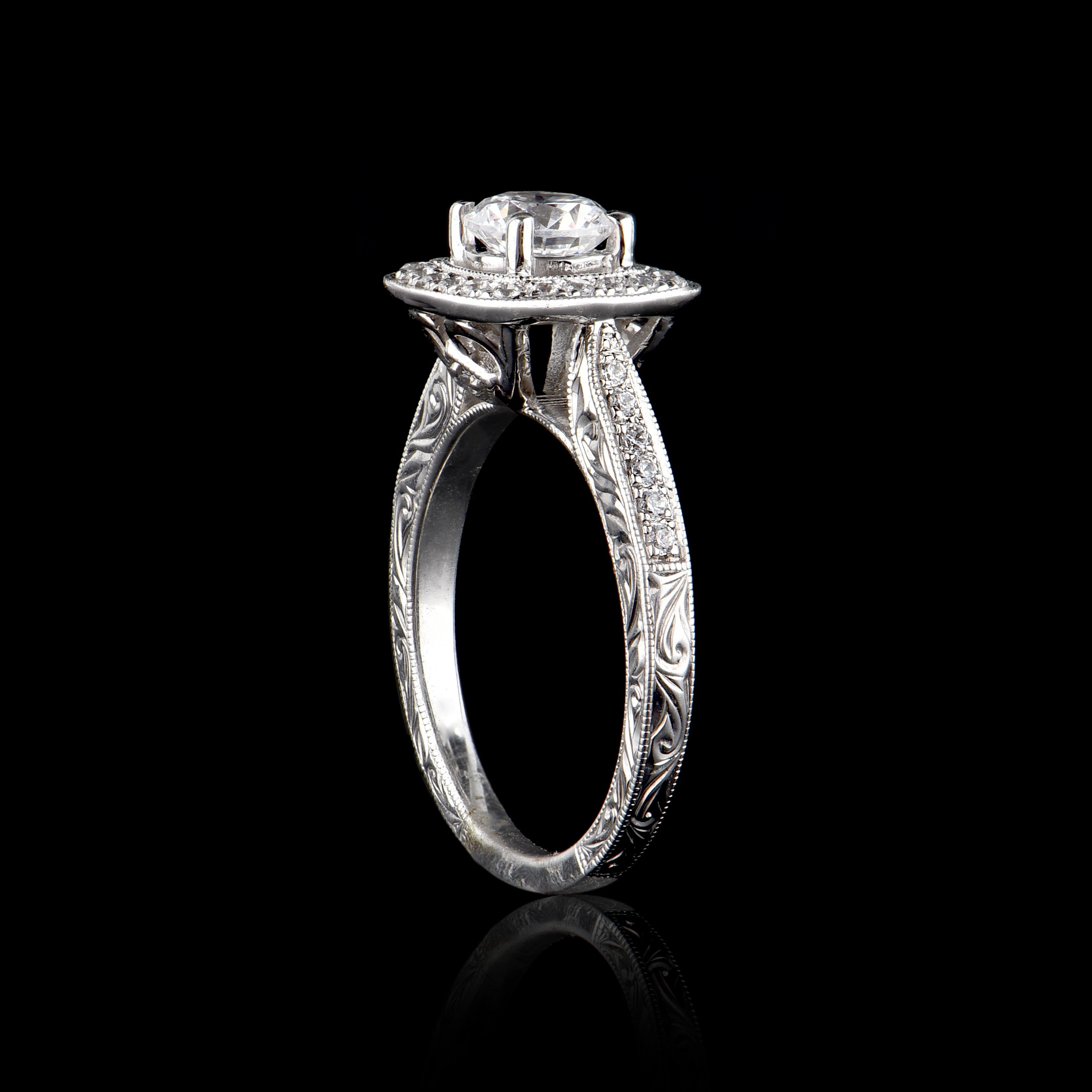 Round Cut TJD 1.10 Carat Round Diamond 18 Karat White Gold Square Halo Engagement Ring For Sale