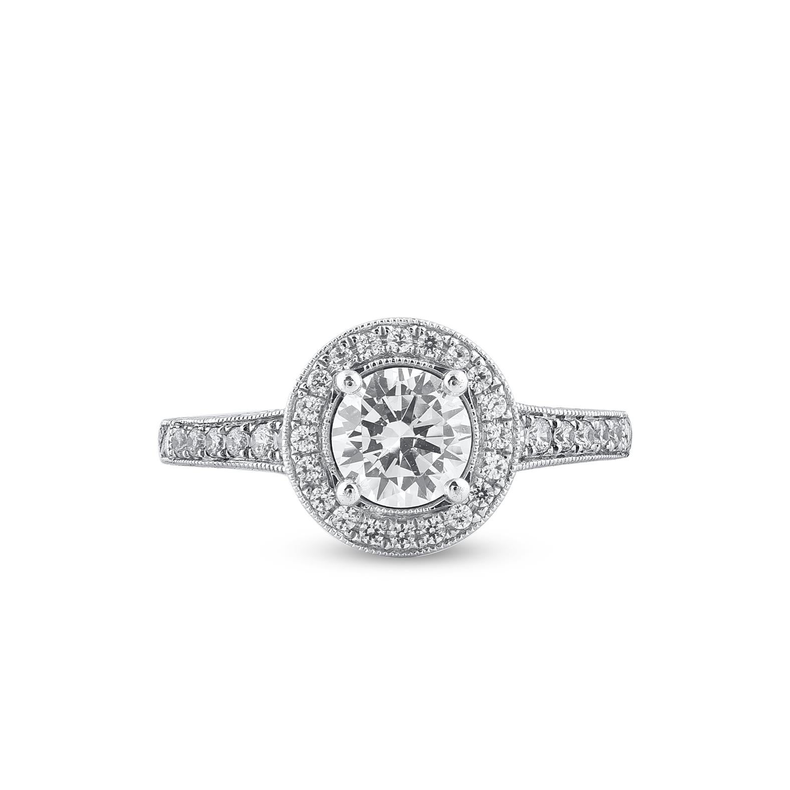 Contemporary TJD 1.10 Carat Round Natural Diamond 18 Karat White Gold Engagement Bridal Ring For Sale