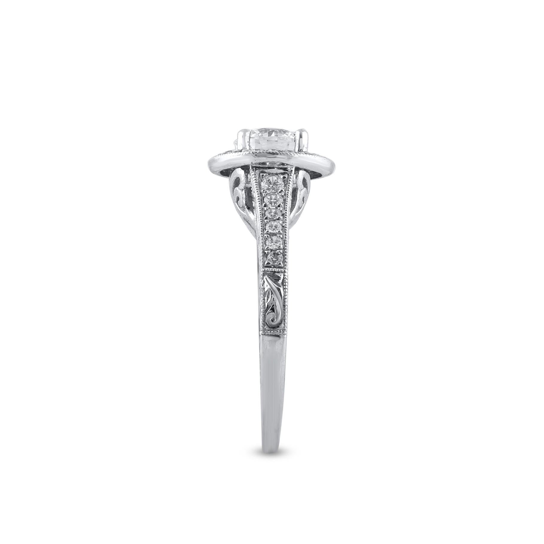 Round Cut TJD 1.10 Carat Round Natural Diamond 18 Karat White Gold Engagement Bridal Ring For Sale