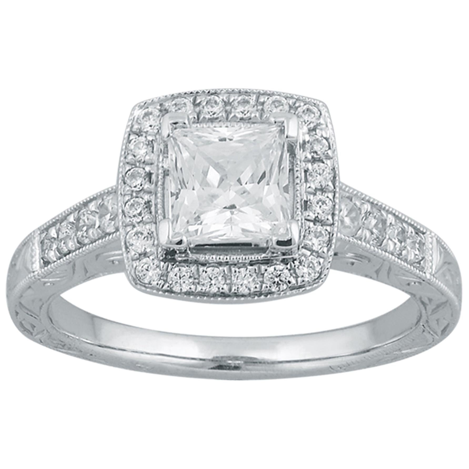 TJD 1.12 Carat Round & Princess Cut Diamond 18K White Gold Halo Engagement Ring For Sale