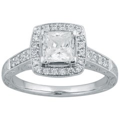 TJD 1.12 Carat Round & Princess Cut Diamond 18K White Gold Halo Engagement Ring