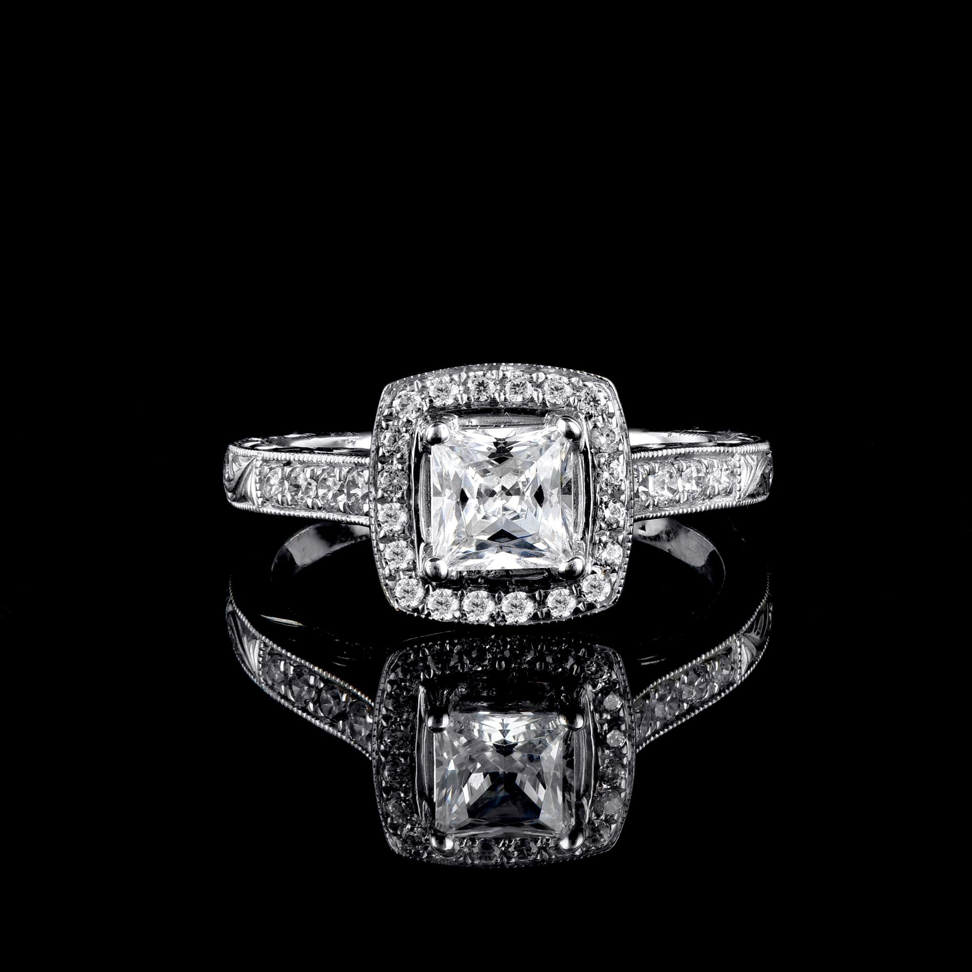 Round Cut TJD 1.12 Carat Round & Princess Cut Diamond 18K White Gold Halo Engagement Ring For Sale