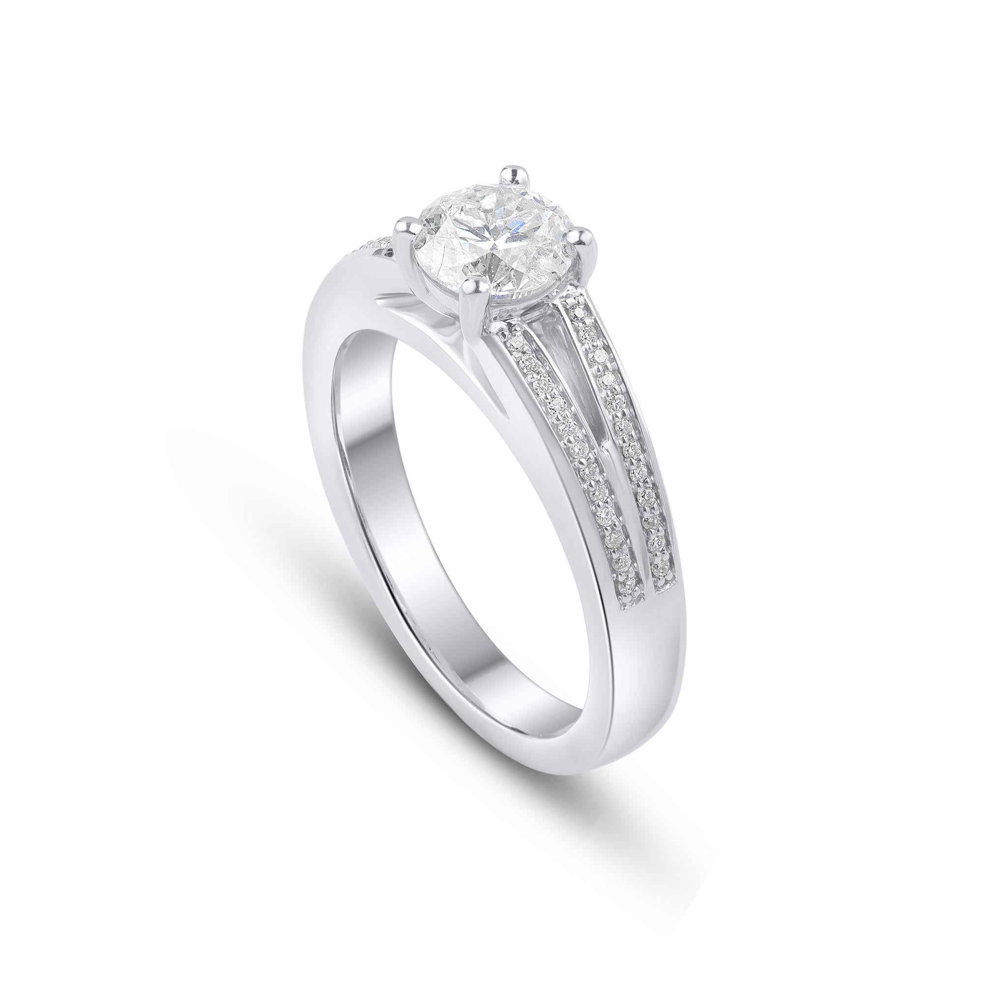 Contemporary TJD 1.15 Carat Round Diamond 18 Karat White Gold Split Shank Engagement Ring For Sale