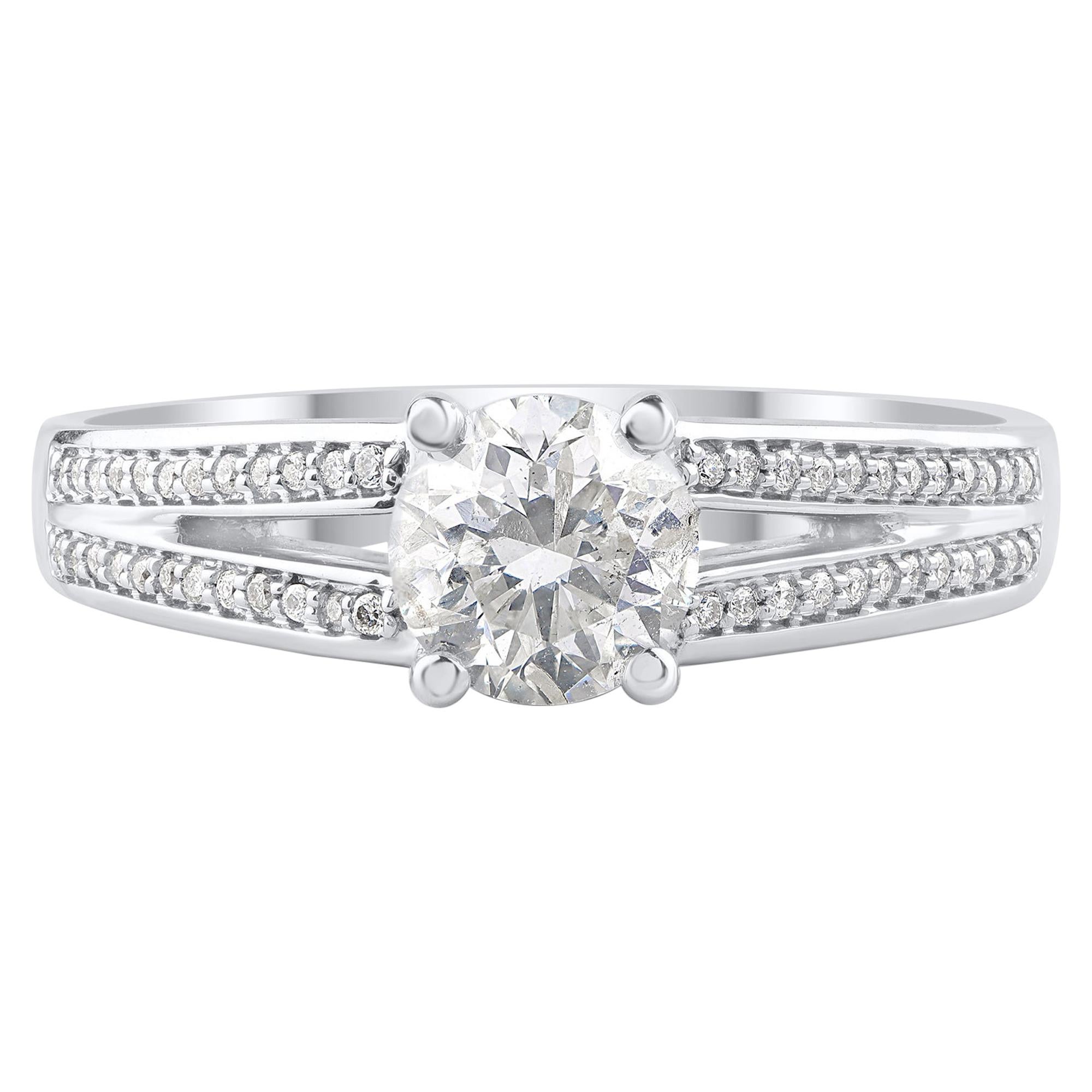 TJD 1.15 Carat Round Diamond 18 Karat White Gold Split Shank Engagement Ring For Sale
