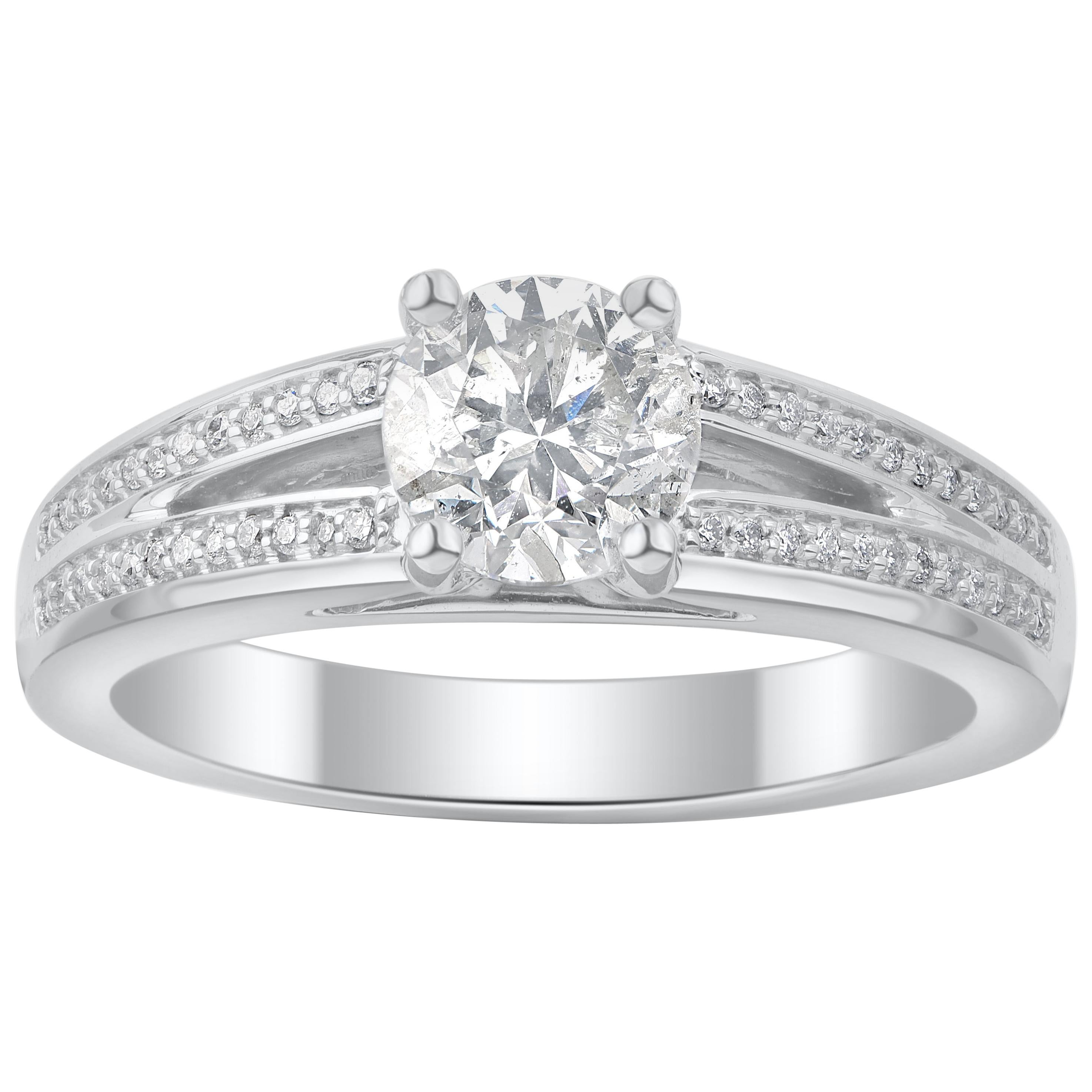 TJD Bague de fiançailles à tige fendue en or blanc 18 carats avec diamants ronds de 1,15 carat