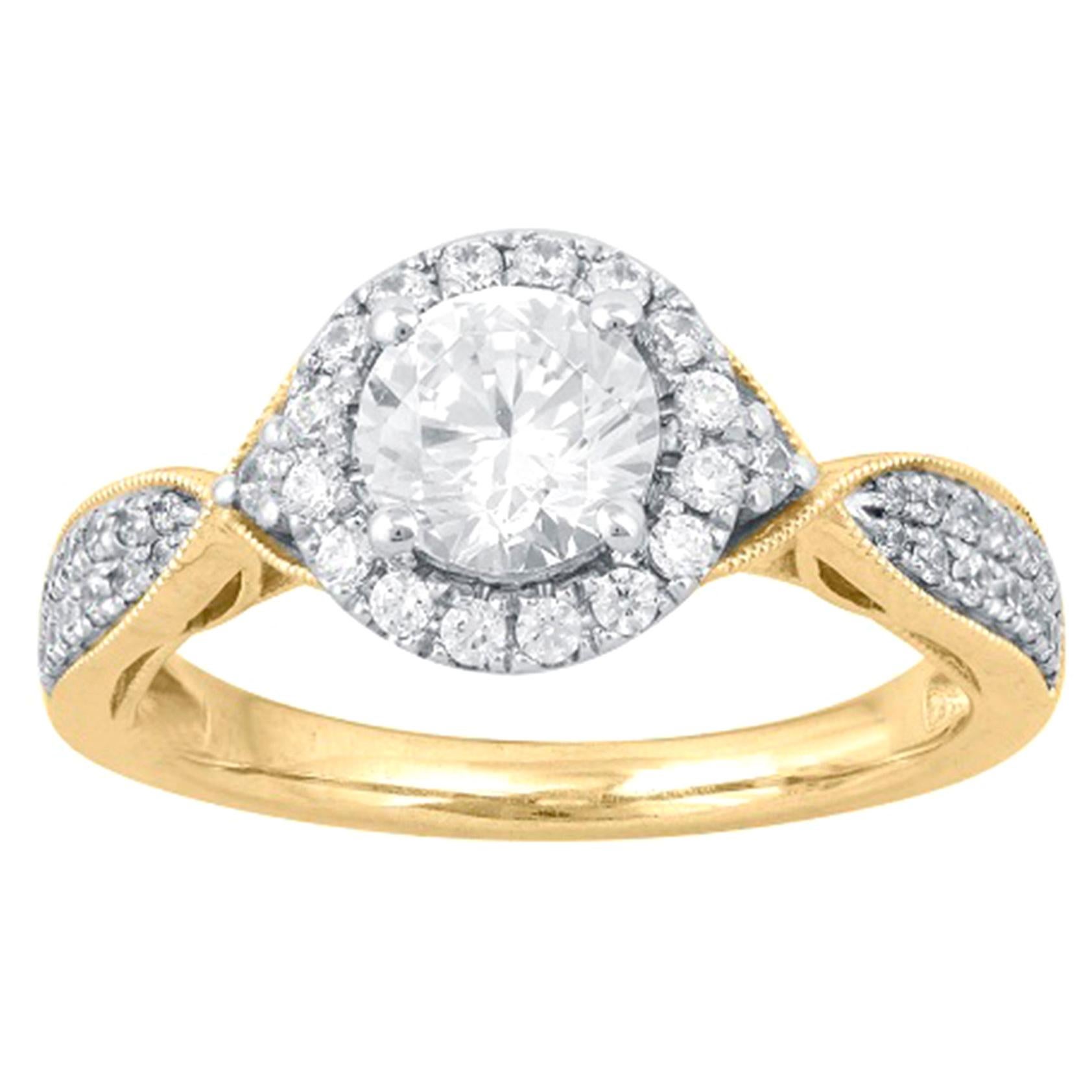 TJD 1.15 Carat Round Diamond 14 Karat Yellow Gold Halo Engagement Ring For Sale