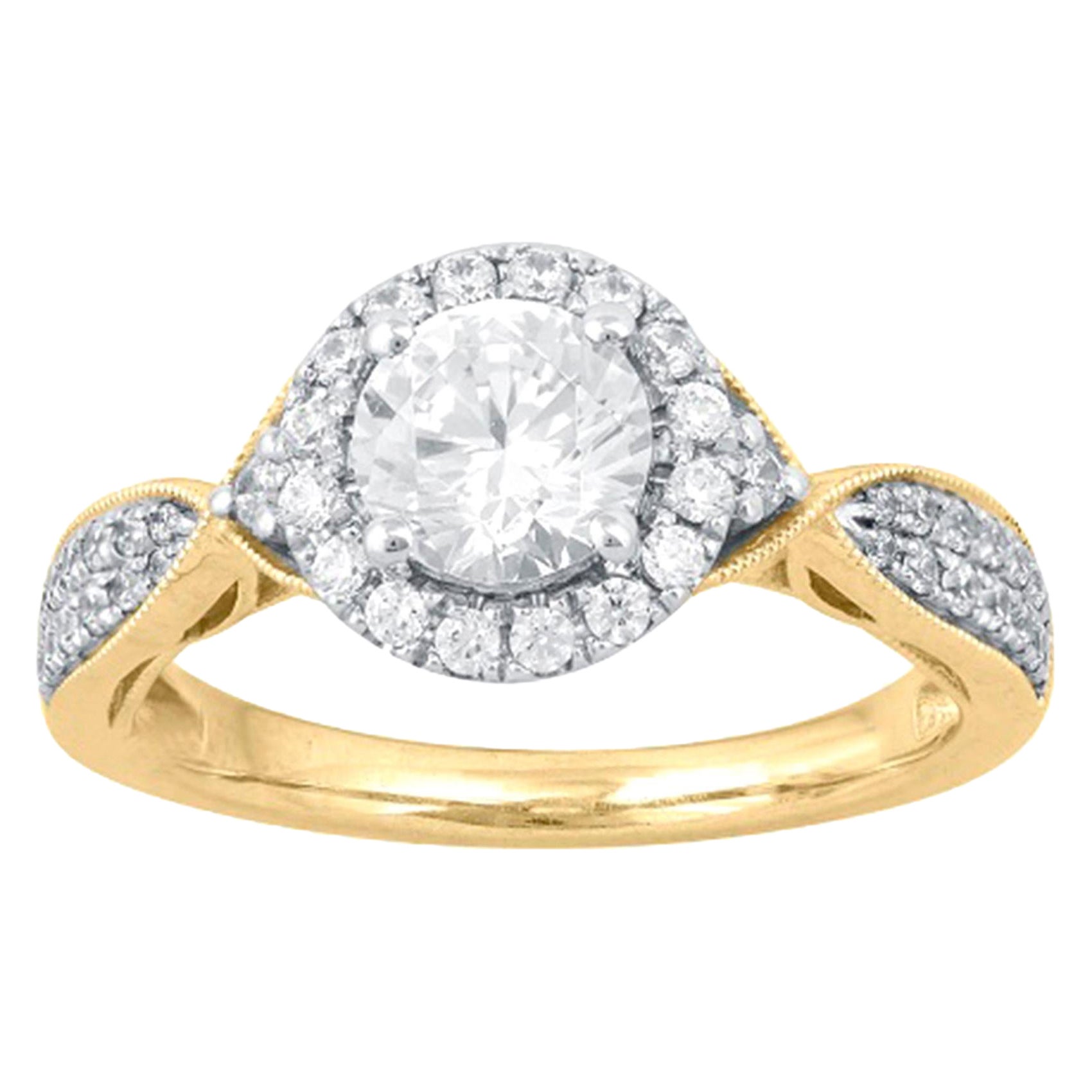 TJD 1.15 Carat Round Diamond 14 Karat Yellow Gold Halo Engagement Ring