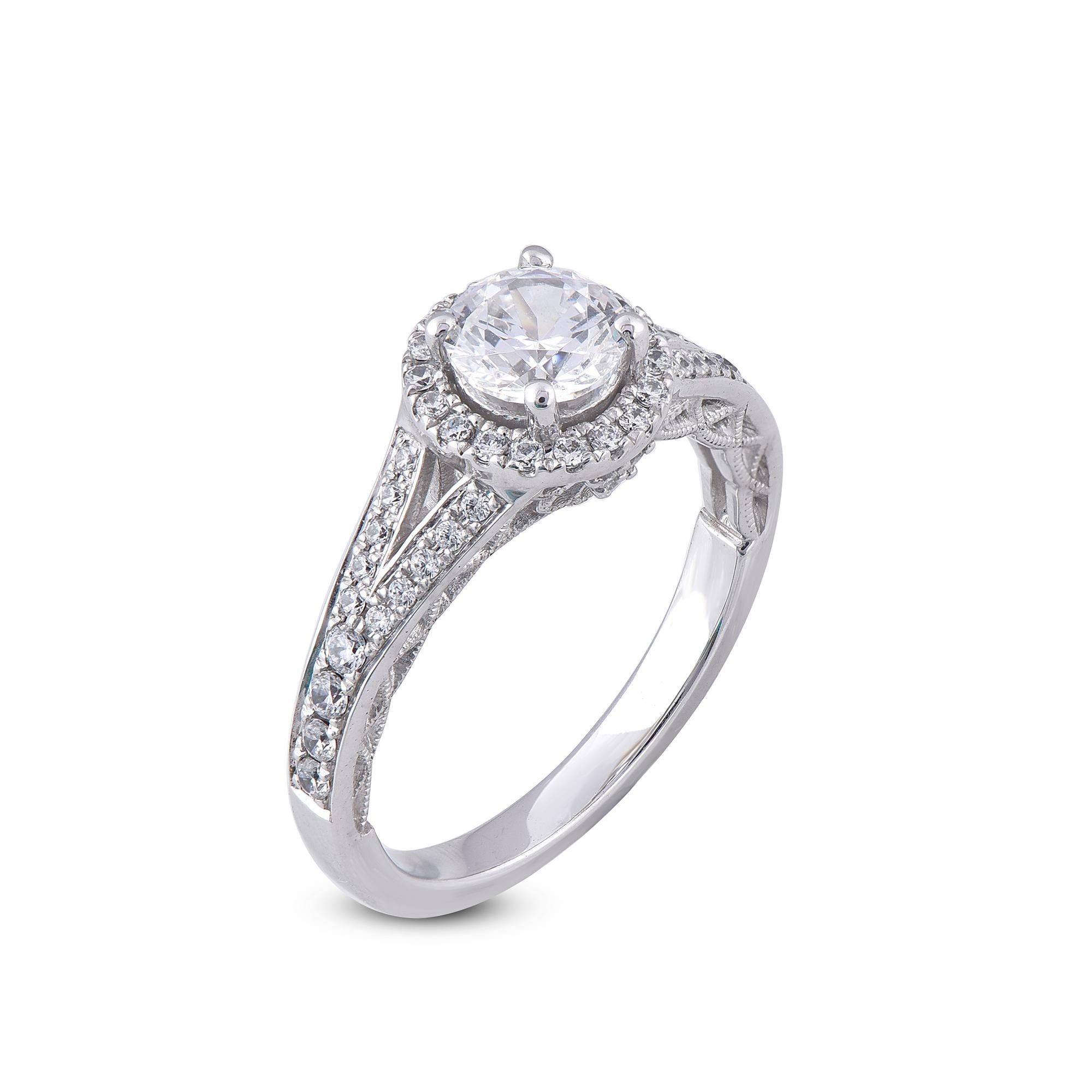 An effortless classic, this diamond engagement ring is beautiful symbol of your affection. This engagement ring features 0.80 ct of centre stone of diamond frame and 0.40 ct Shank lined with rows of 53 round sparkling diamonds in secured prong