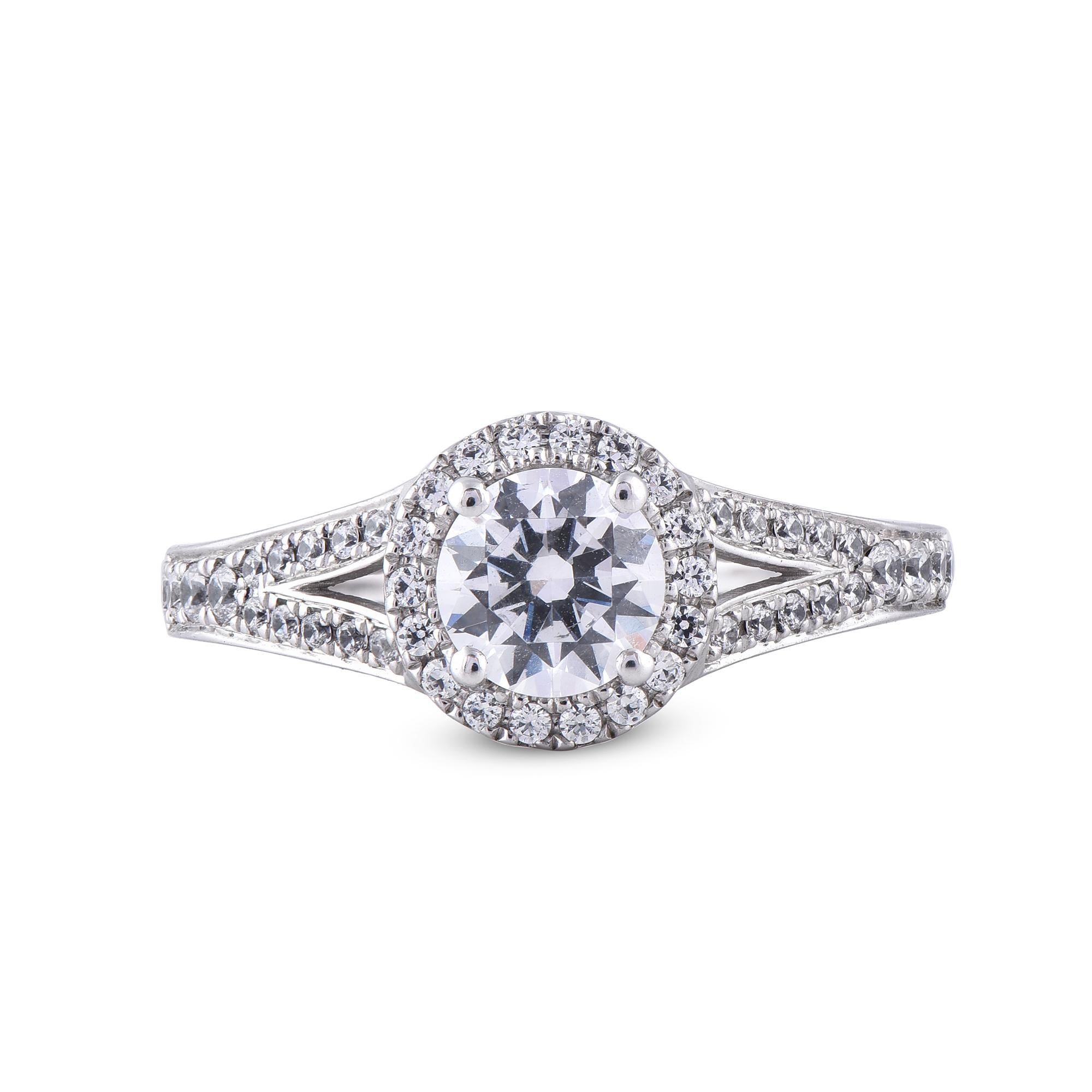 Round Cut TJD 1.19 Carat Diamond 18 Karat White Gold Halo Designer Shank Engagement Ring For Sale
