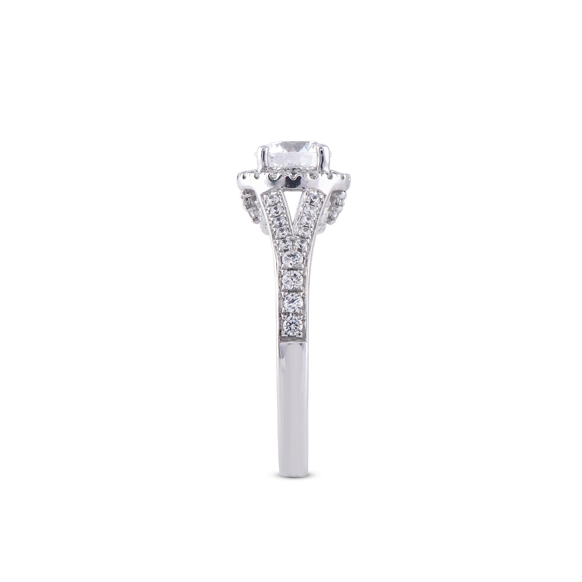 Taglio rotondo Anello di fidanzamento TJD con diamante da 1,19 carati in oro bianco 18 carati con gambo a forma di aureola in vendita