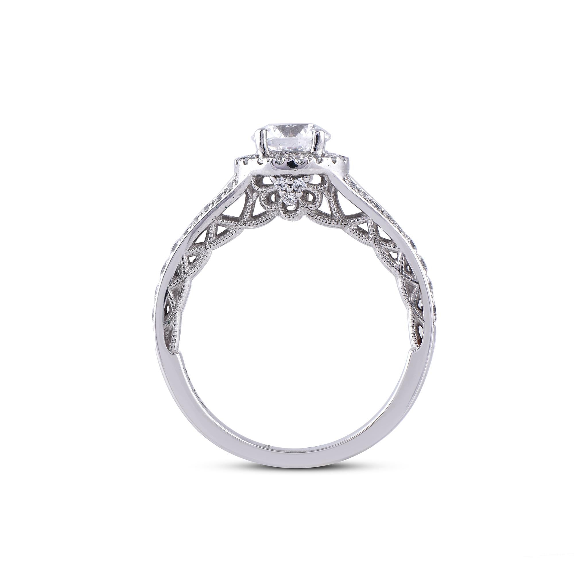 Women's TJD 1.19 Carat Diamond 18 Karat White Gold Halo Designer Shank Engagement Ring For Sale