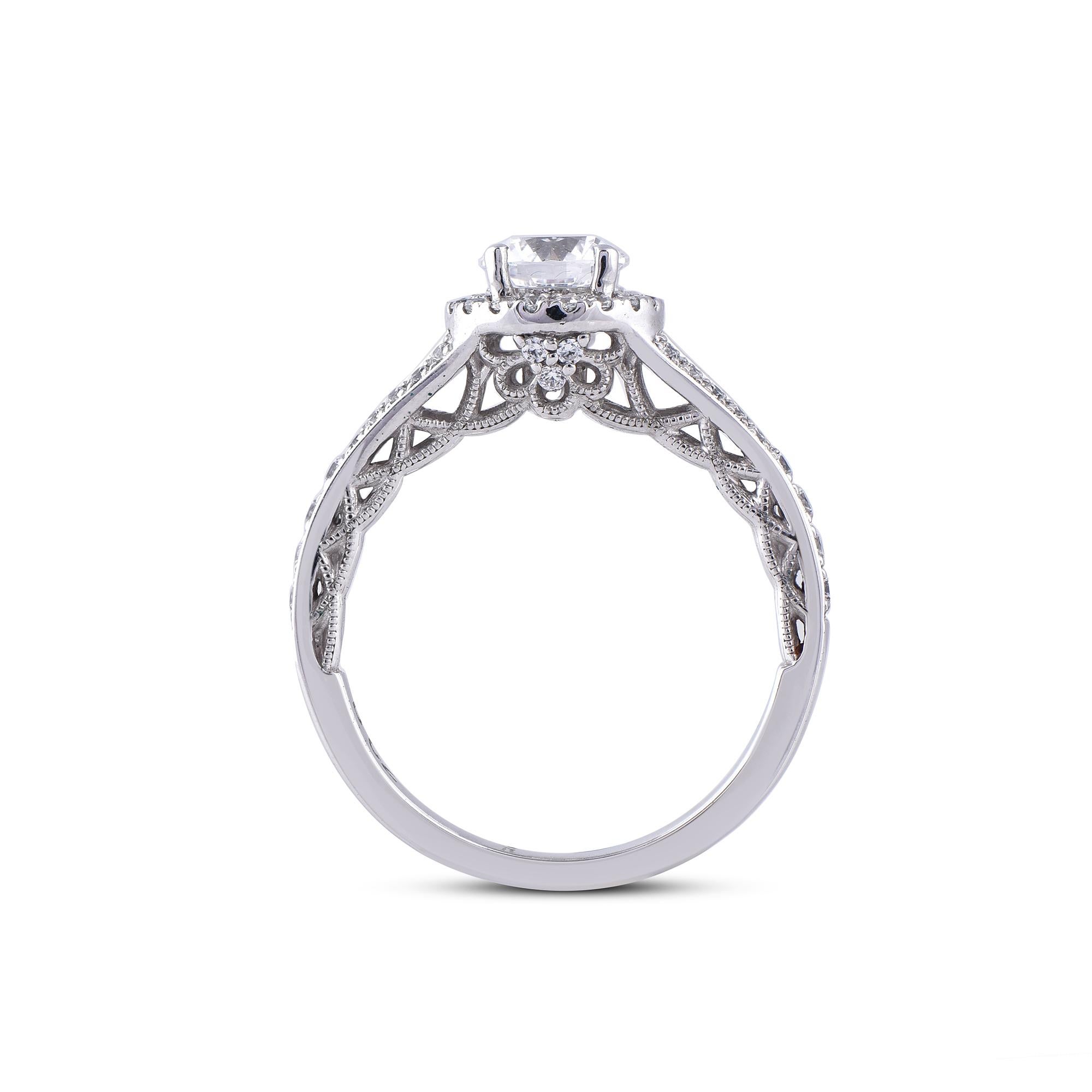 Anello di fidanzamento TJD con diamante da 1,19 carati in oro bianco 18 carati con gambo a forma di aureola In condizioni Nuovo in vendita a New York, NY
