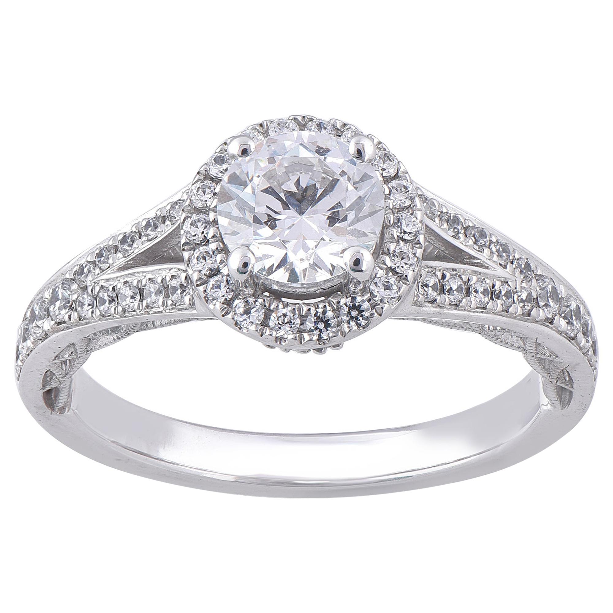TJD 1.19 Carat Diamond 18 Karat White Gold Halo Designer Shank Engagement Ring For Sale