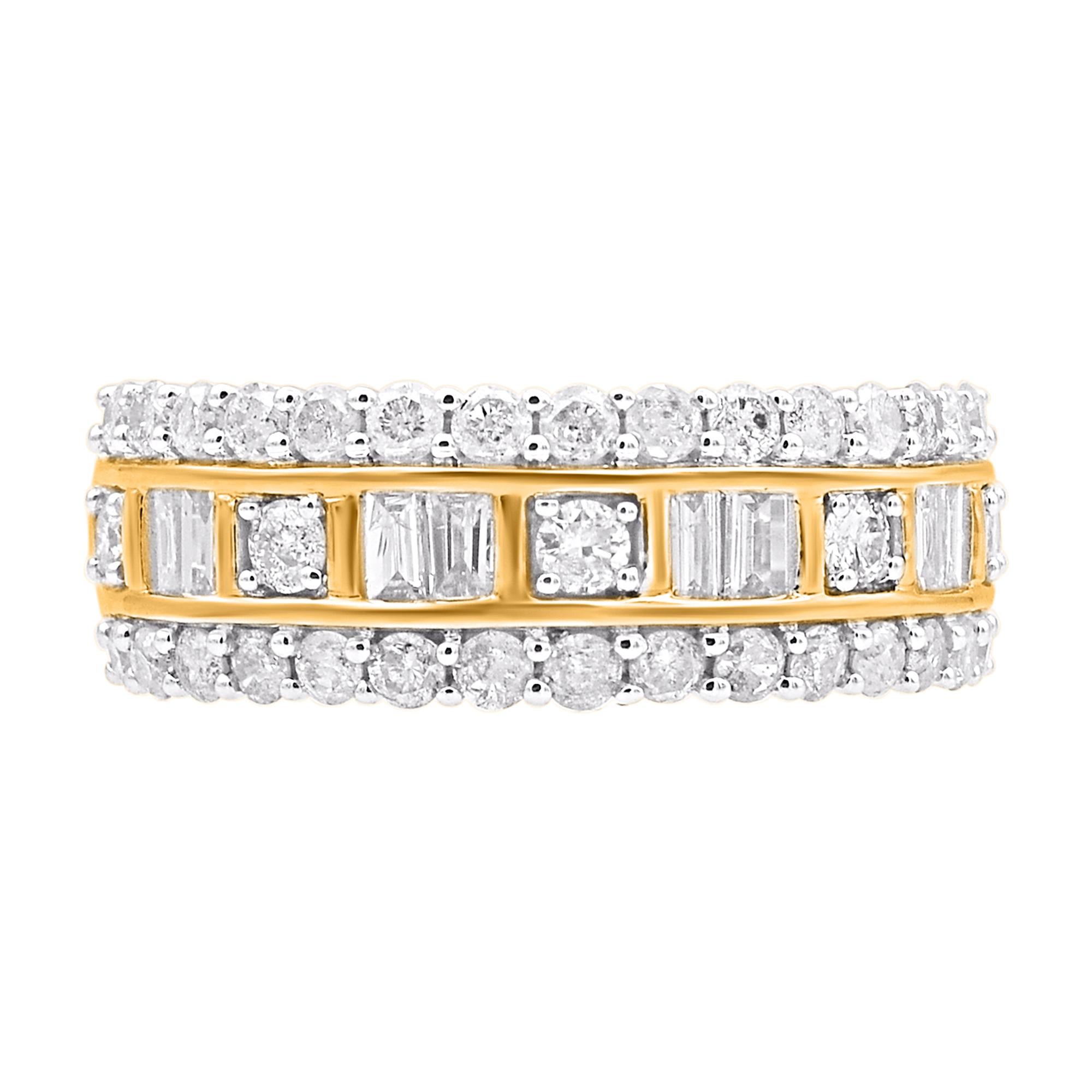 This exquisite diamond wedding band is a symbol of enduring love and commitment. The ring is crafted from 14 karat gold in your choice of white, rose, or yellow, and features 43 round and baguette cut diamond set in prong & channel setting, H-I