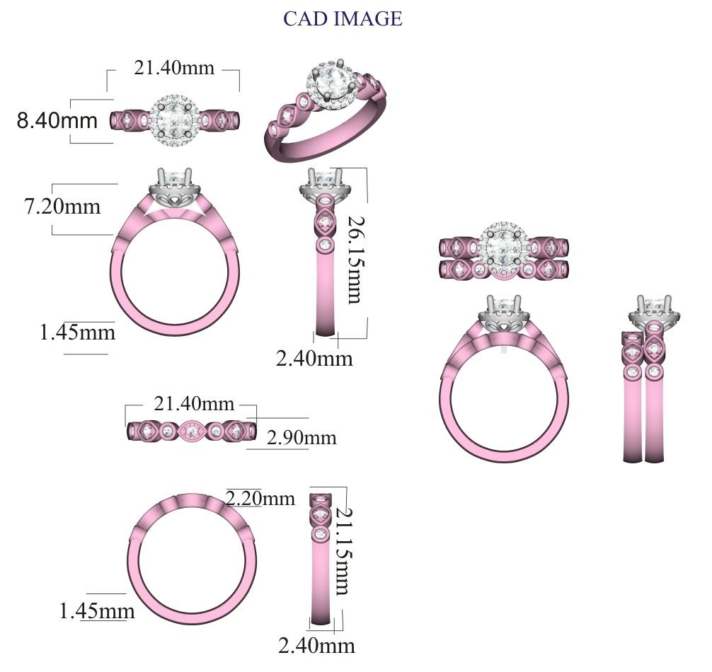 TJD 1.20 Carat Round Diamond 18 Karat Rose Gold Halo Designer Bridal Ring Set For Sale 2