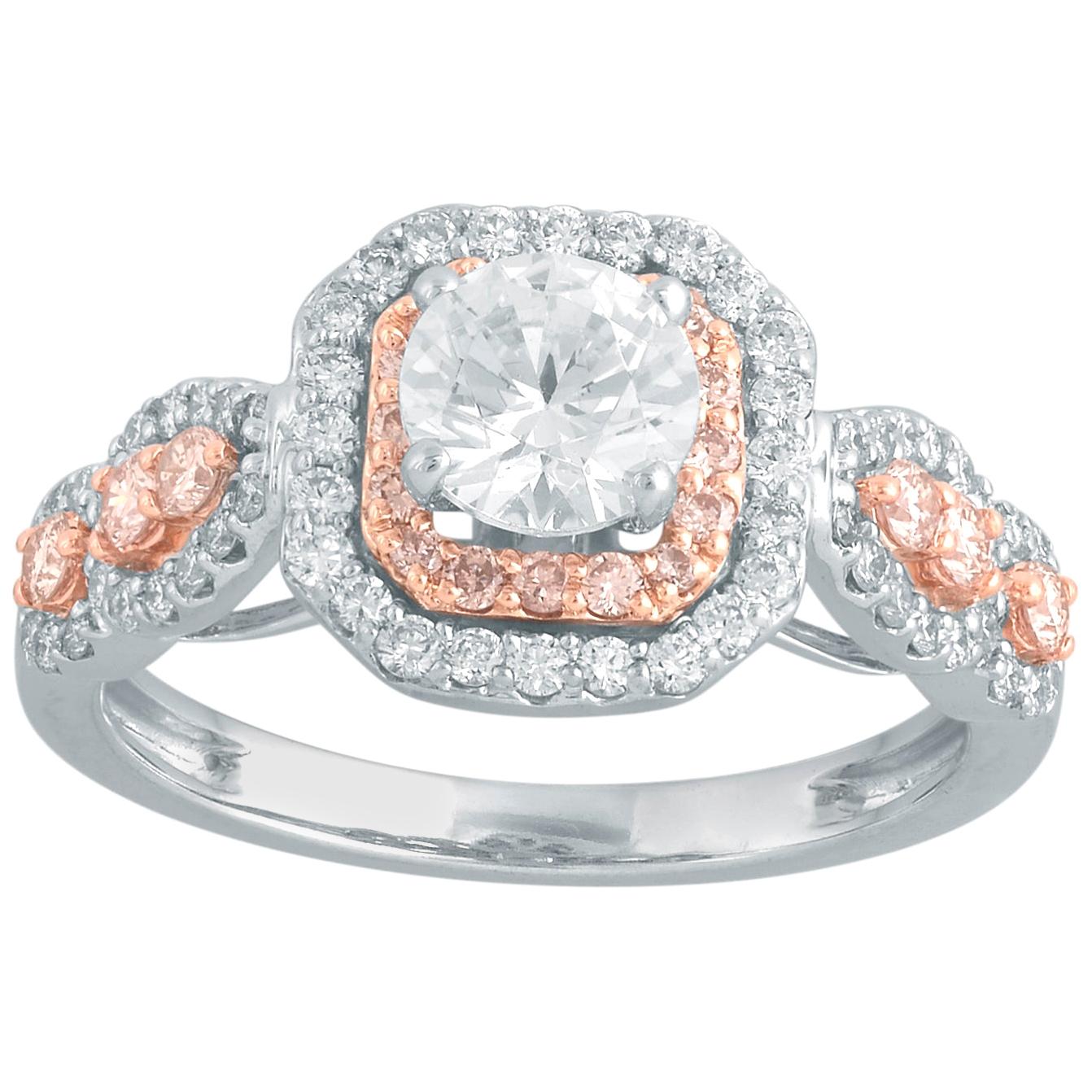 TJD 1.20 Ct Nat. Pink Rosé and White Diamond 18K 2Tone Halo Gold Engagement Ring