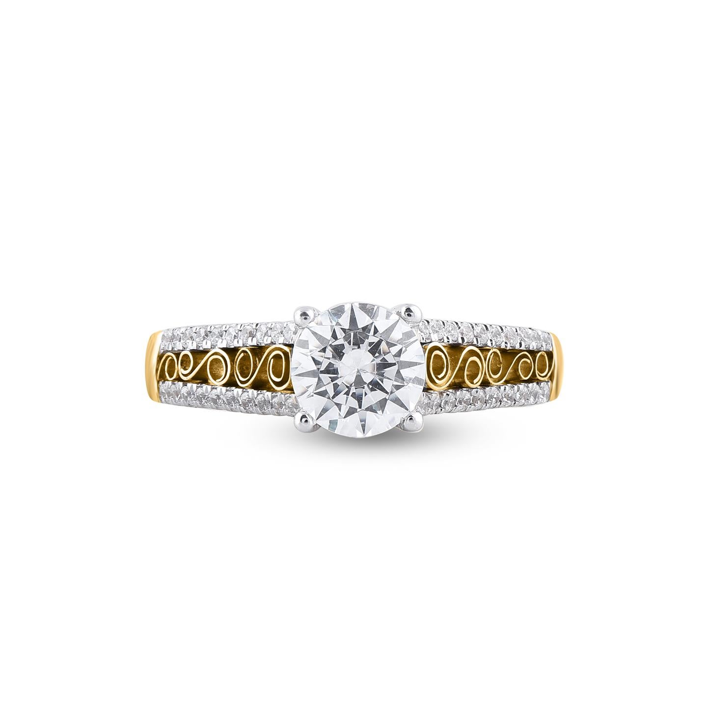 Express your love for her in the most classic way with this wedding ring. Beautifully crafted by our inhouse experts in 14 karat yellow gold and embellished with 41 brilliant cut and single cut round diamond set in prong setting. Total diamond