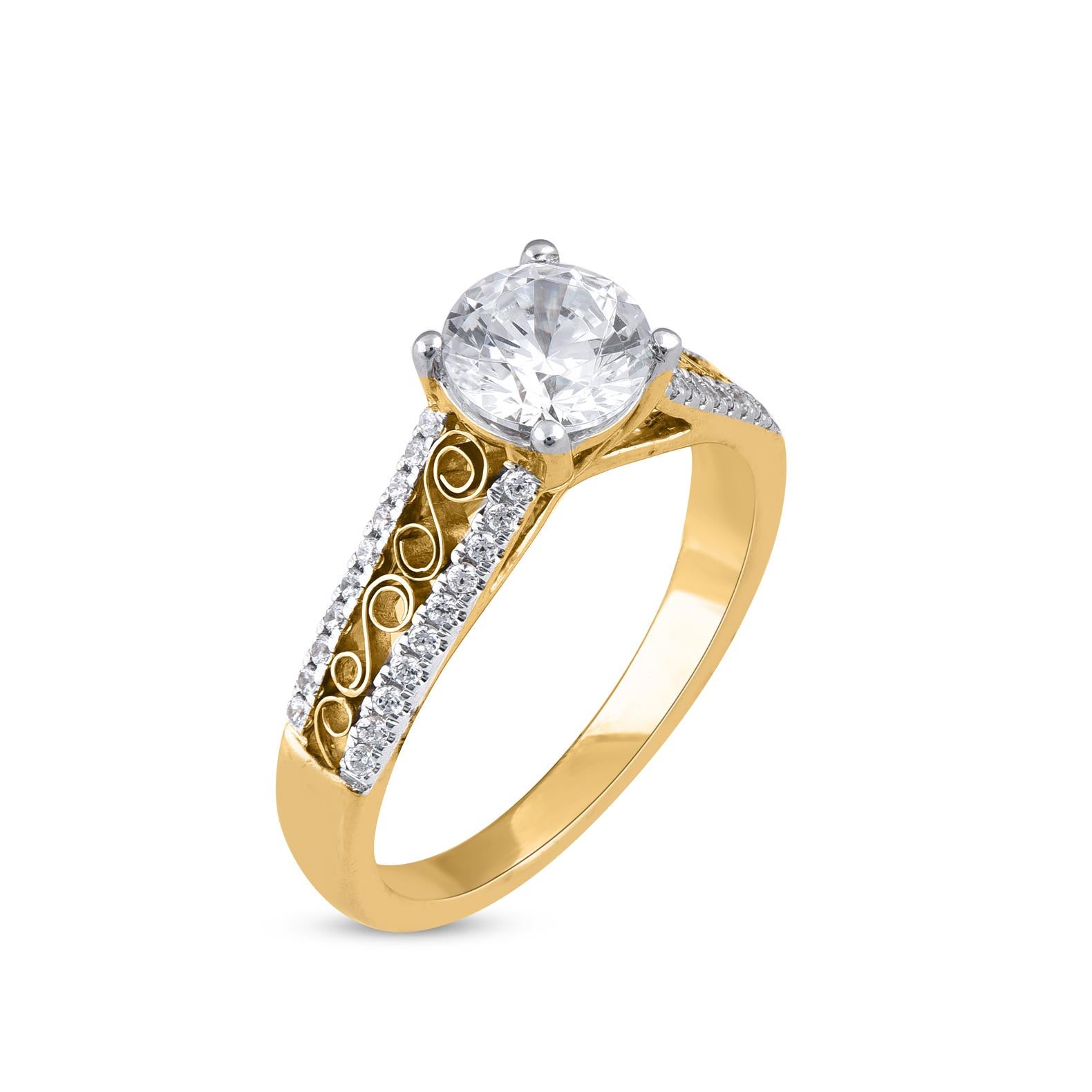 Contemporary TJD 1.20 Carat Round Cut Diamond 14KT Yellow Gold Vintage Style Engagement Ring For Sale