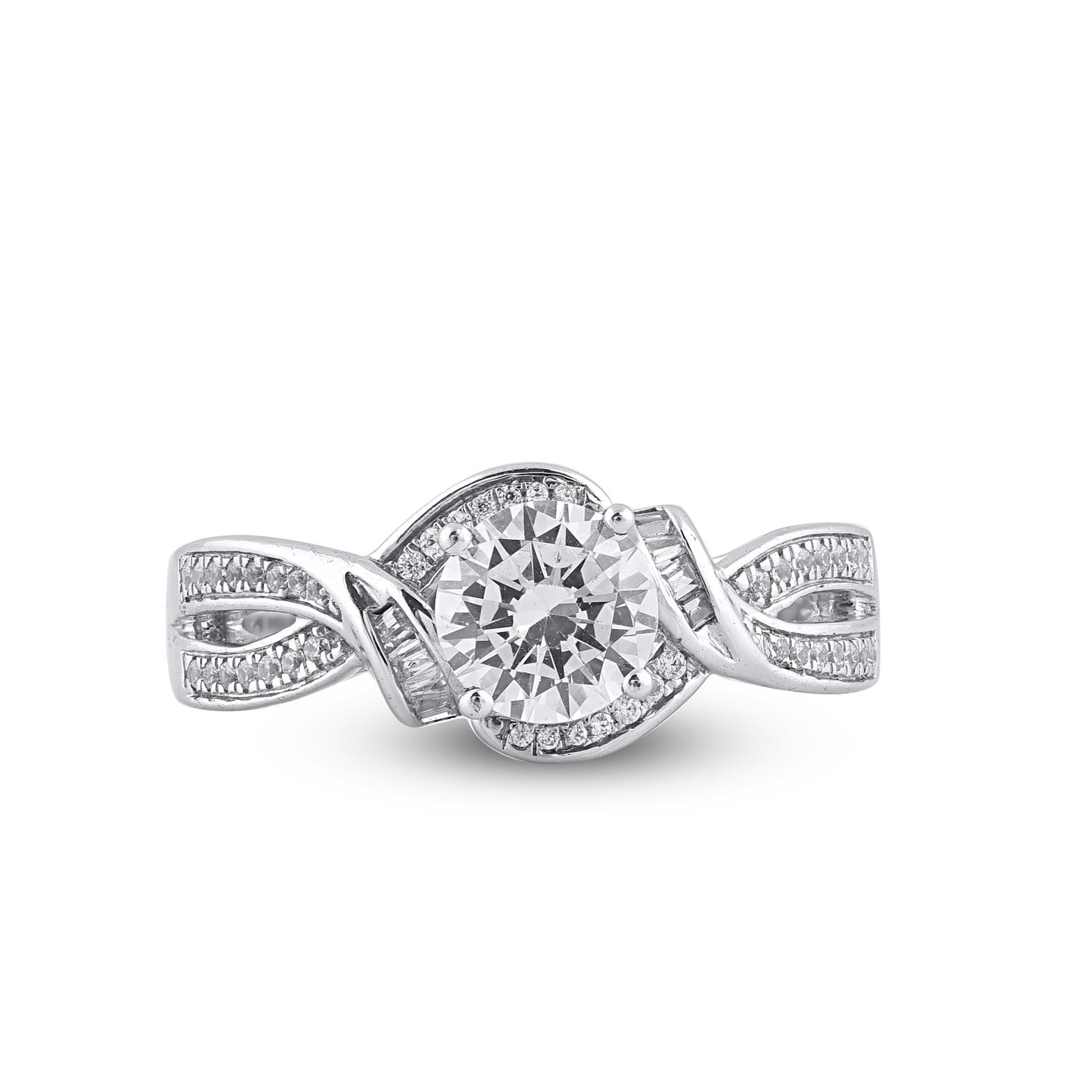 Stunning and exquisite, this diamond ring is beautifully crafted in 14K Solid White gold. This bypass ring is lined with rows of 55 round brilliant-cut, single cut and baguette cut sparkling white diamonds in secured prong, pave and channel