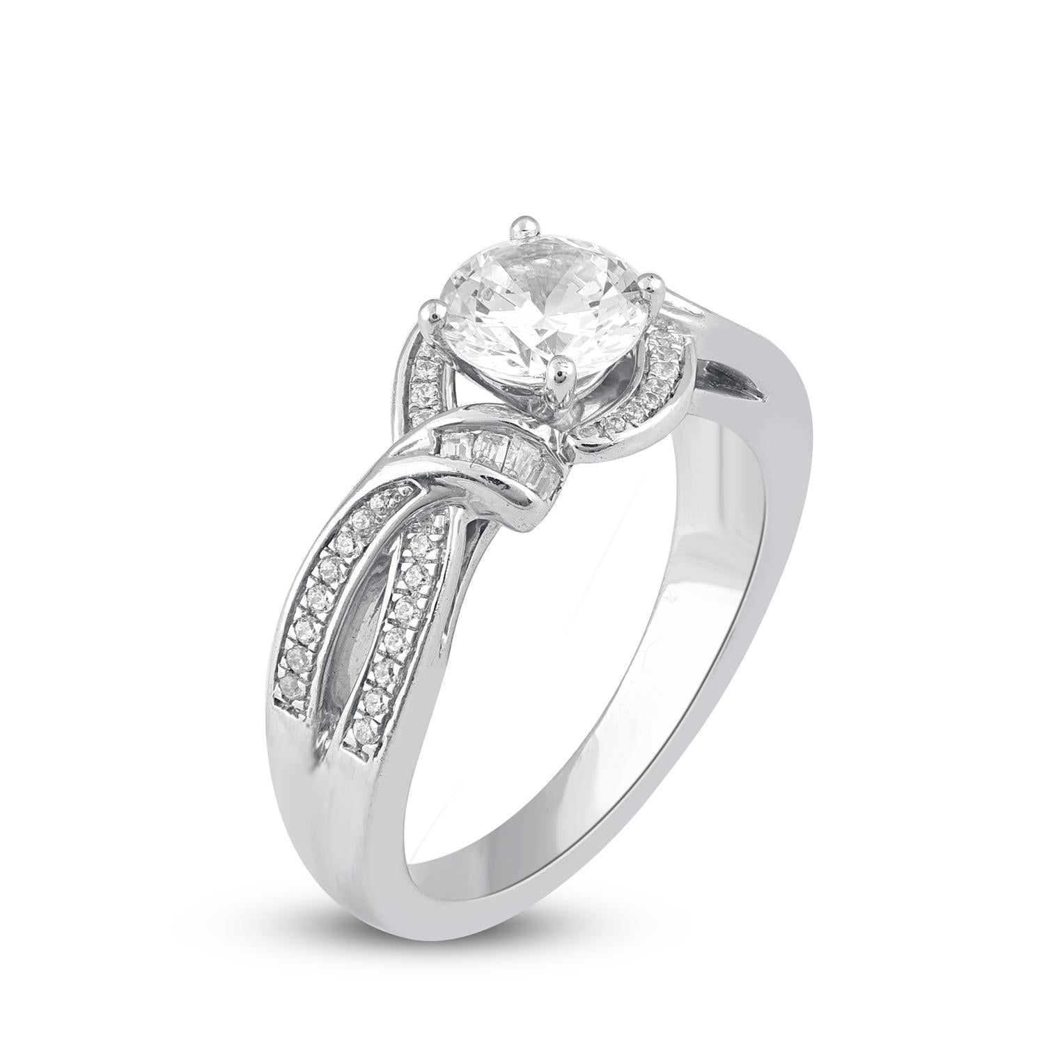 Contemporary TJD 1.20 Carat Round Diamond 14 Karat White Gold Bypass Fashion Band Ring For Sale
