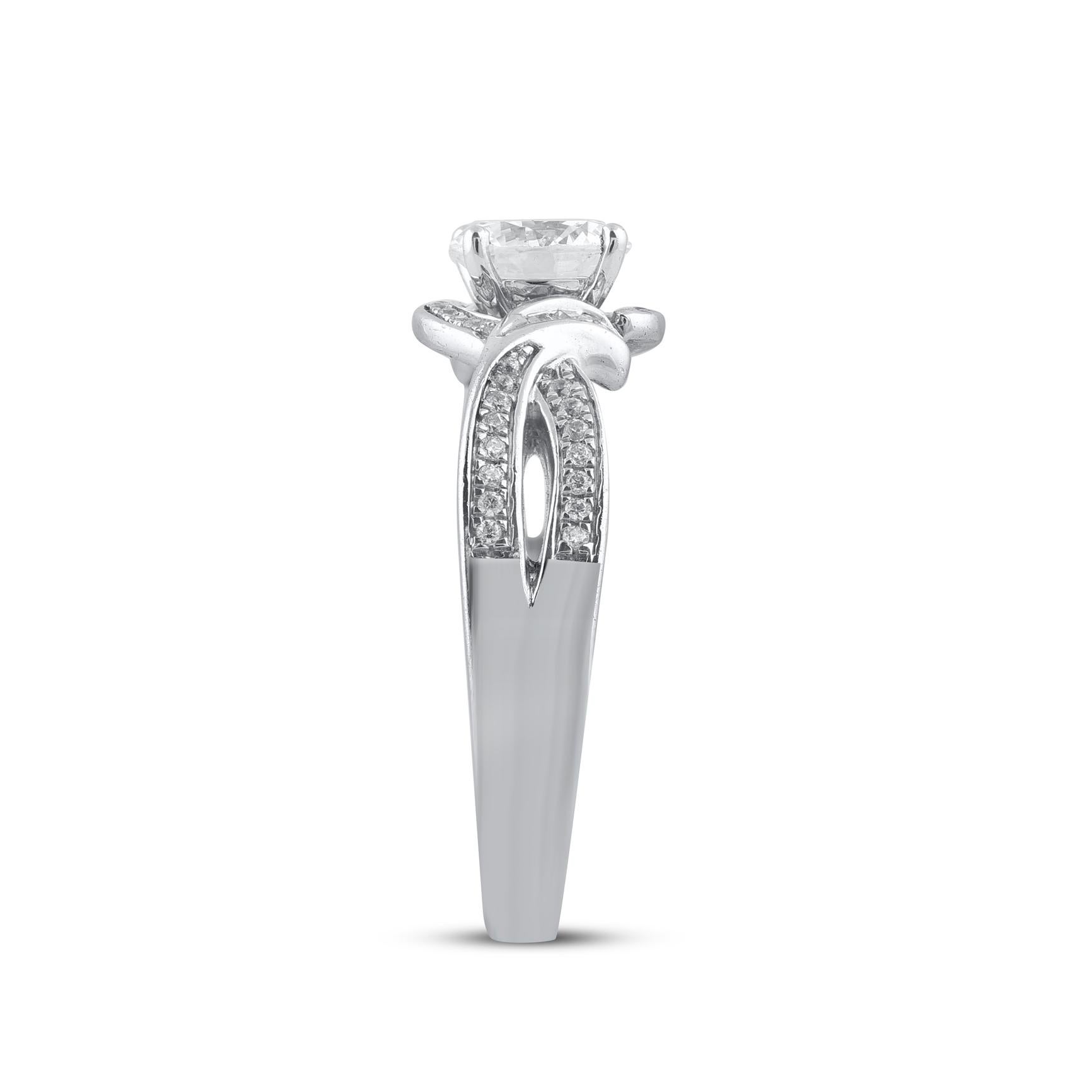Mixed Cut TJD 1.20 Carat Round Diamond 14 Karat White Gold Bypass Fashion Band Ring For Sale