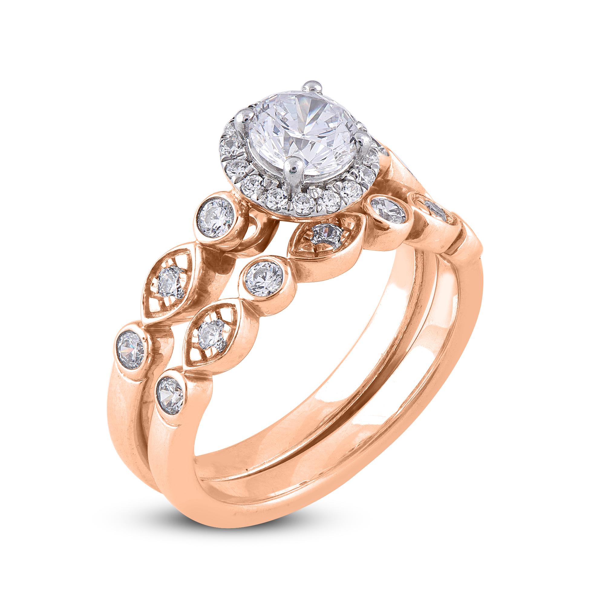 Art Deco TJD 1.20 Carat Round Diamond 18 Karat Rose Gold Halo Designer Bridal Ring Set For Sale