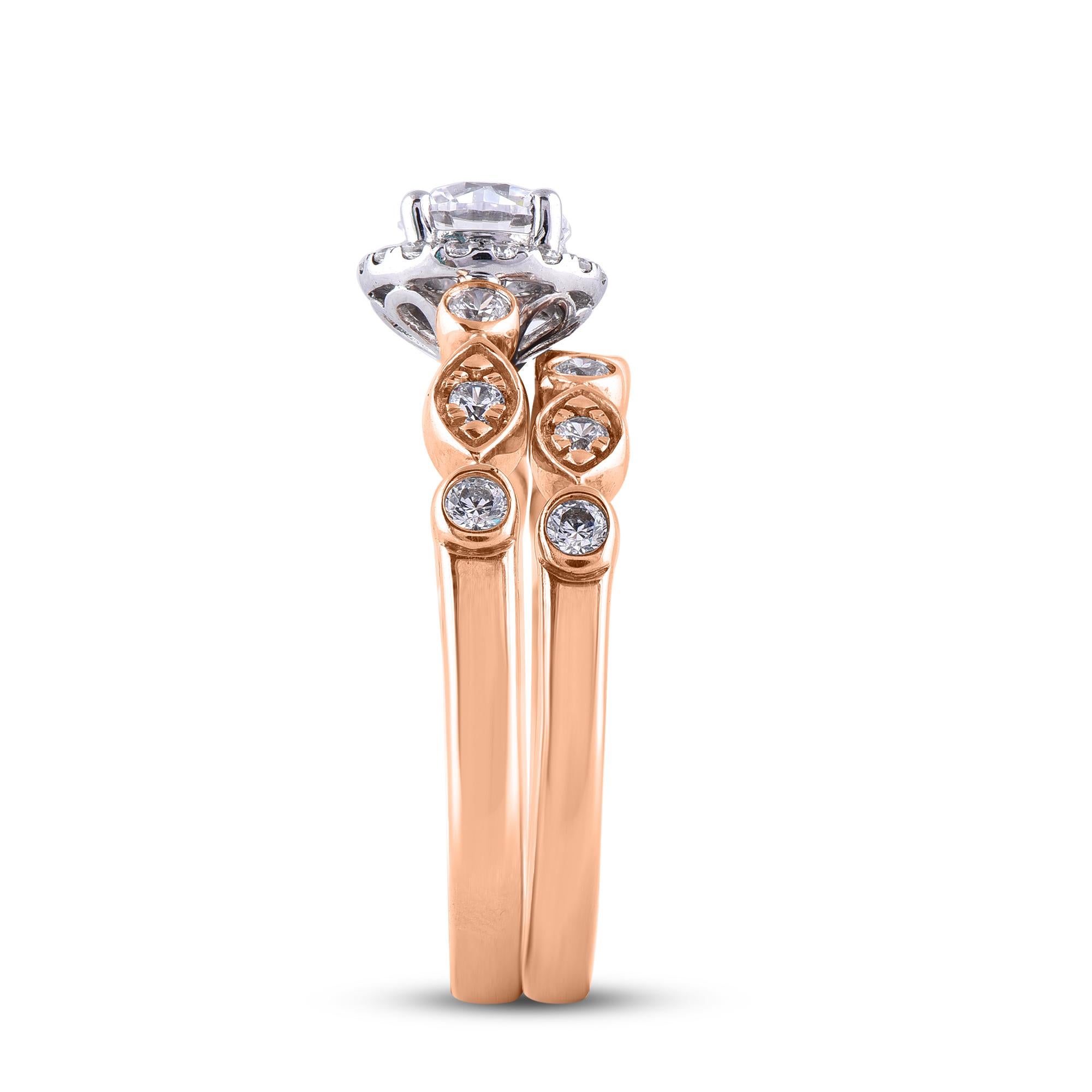 Taille ronde Ensemble de bague de mariage de designer en or rose 18 carats avec halo de diamants ronds de 1,20 carat TJD en vente
