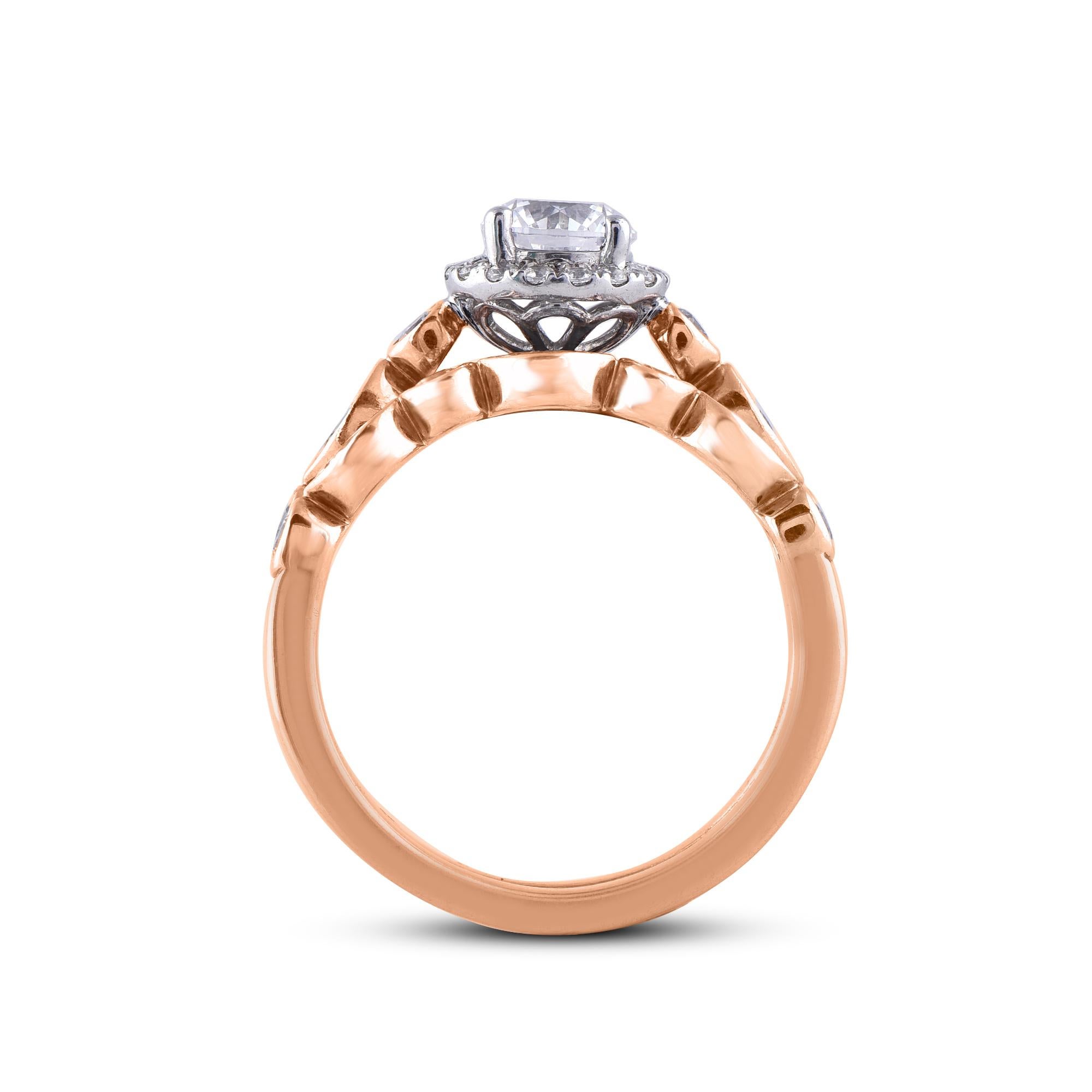 TJD 1.20 Carat Round Diamond 18 Karat Rose Gold Halo Designer Bridal Ring Set In New Condition For Sale In New York, NY