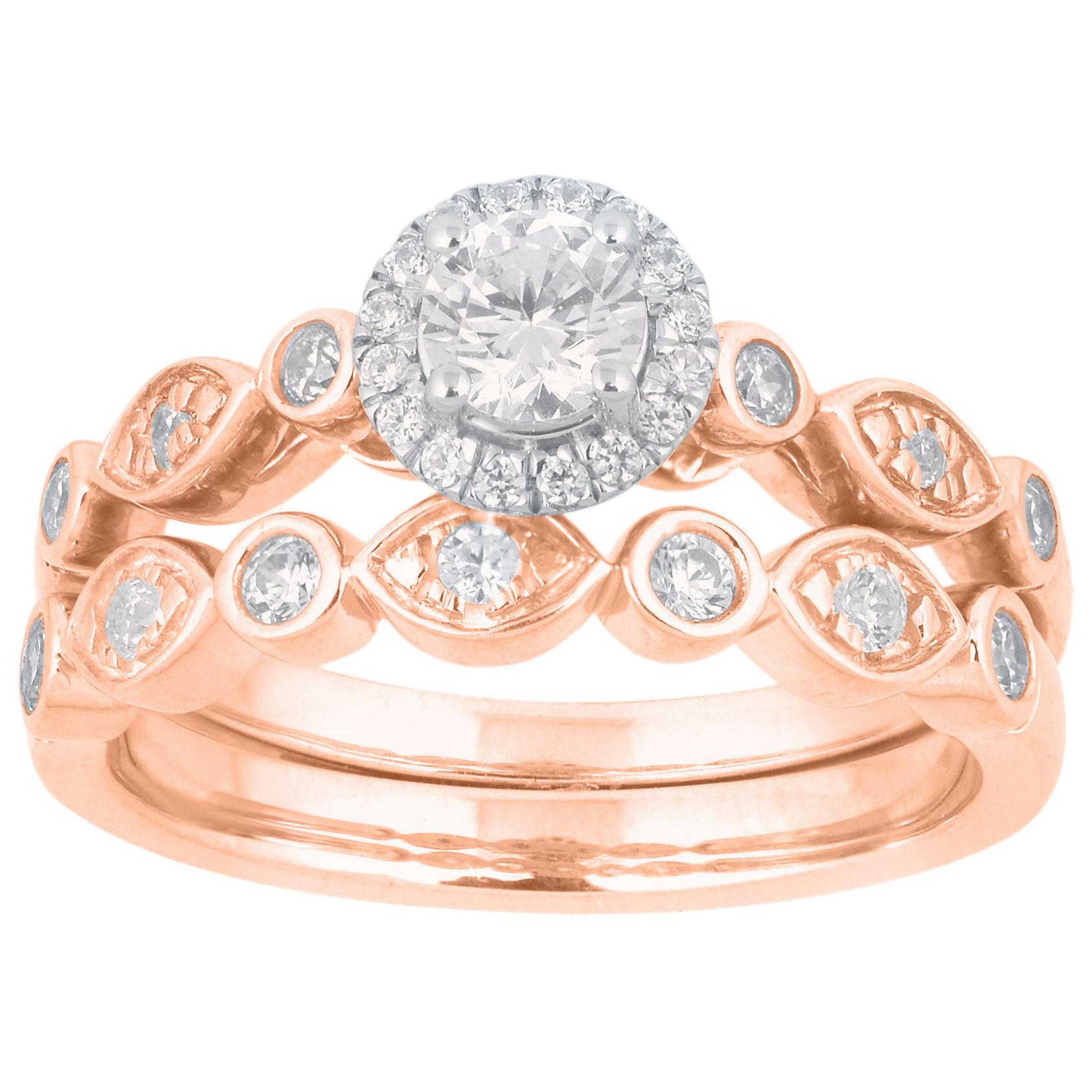 TJD 1.20 Carat Round Diamond 18 Karat Rose Gold Halo Designer Bridal Ring Set For Sale