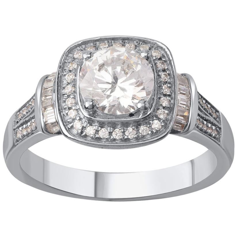 TJD Bague de fiançailles en or blanc 18 carats avec halo de diamants ronds et baguettes de 1,25 carat