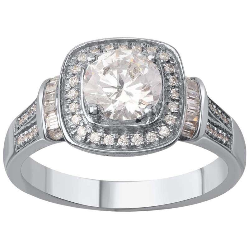 TJD 1.25 Carat Round and Baguette Diamond 18 K White Gold Halo ...