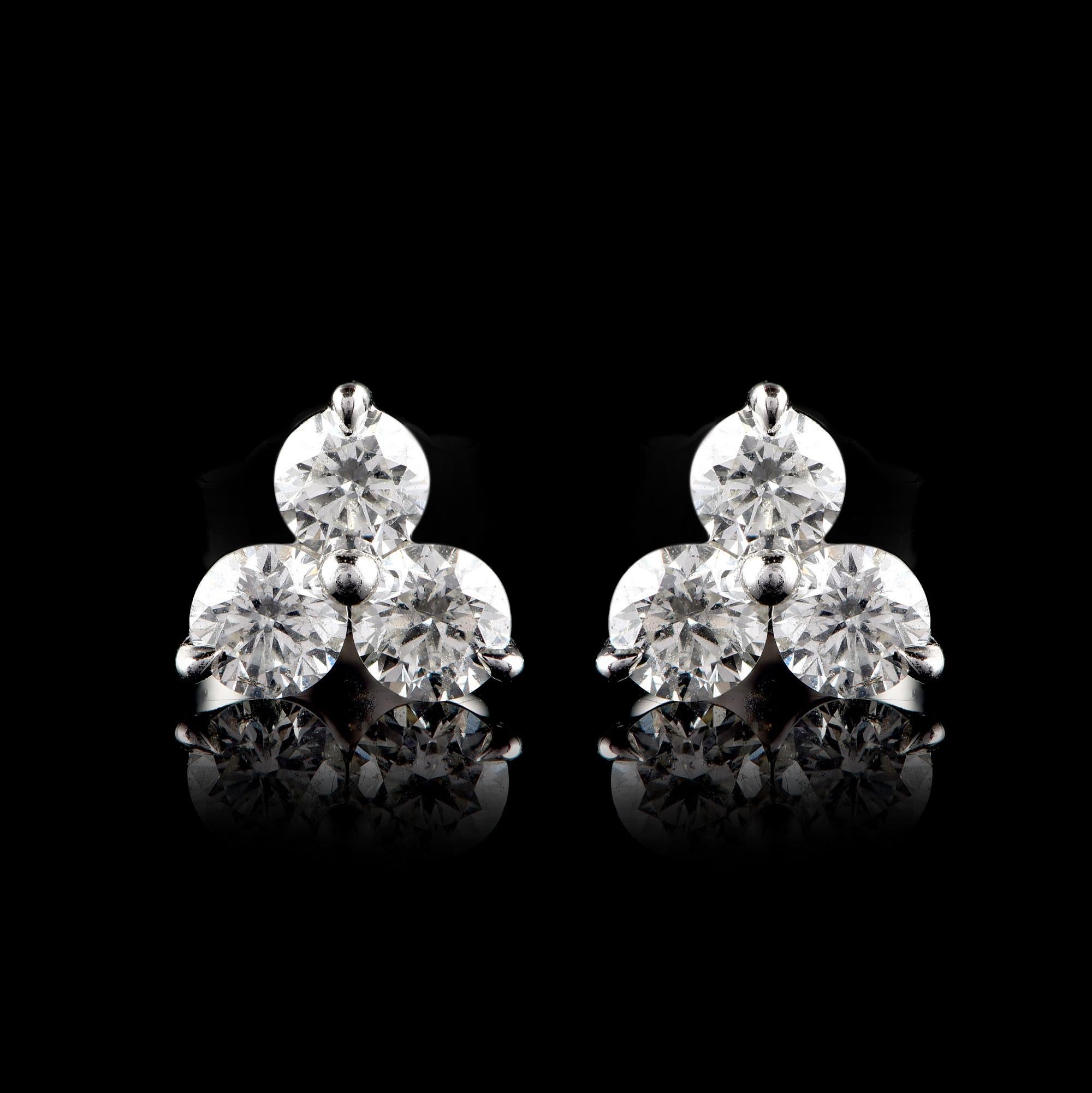 Round Cut TJD 1.25 Carat Diamond 14 Karat White Gold 3 Stone Earrings and Pendant Set For Sale