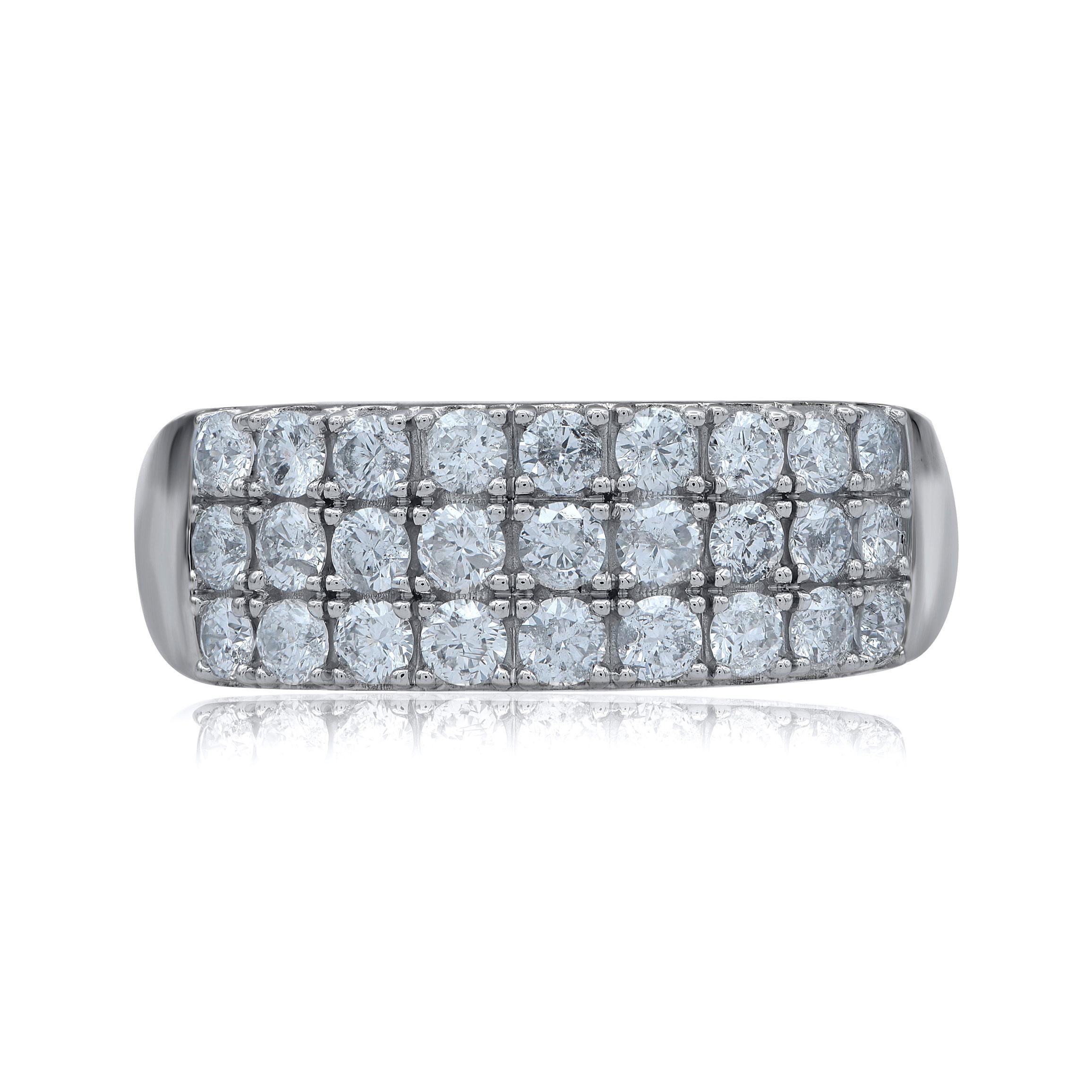 Honor your special day with this exceptional diamond band ring. This band ring features a sparkling 27 brilliant cut round diamonds beautifully set in prong setting. The total diamond weight is 1.25 Carat. The diamonds are graded as H-I color and I2